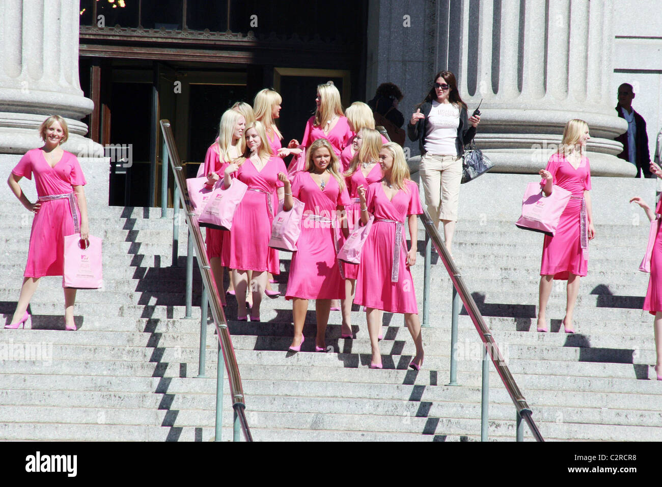 Legally Blonde models pose to promote MTV's 'Legally Blonde The Musical: The Search for Elle Woods' in lower Manhattan New York Stock Photo