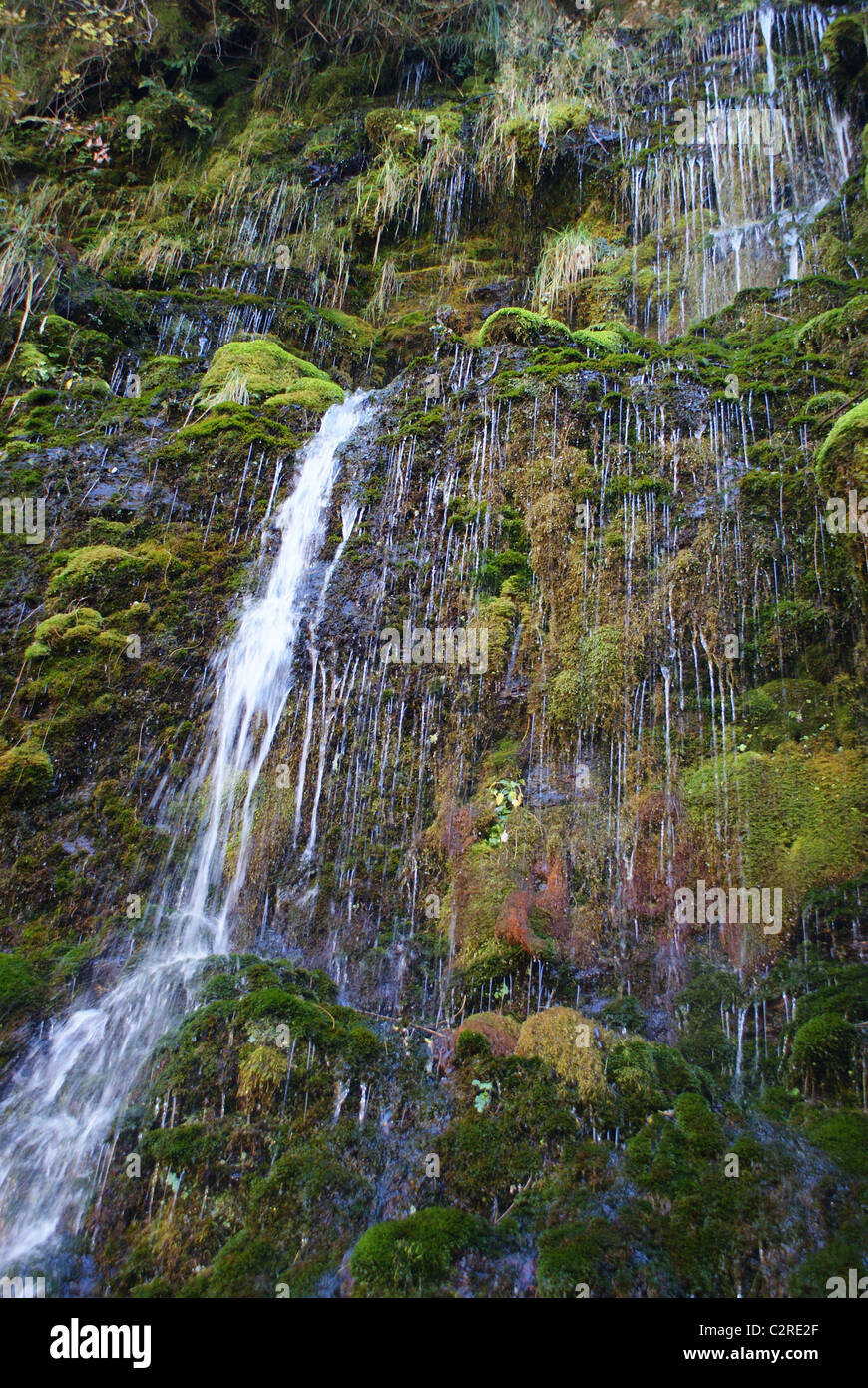 Garhwal Himalayas, India: Water cascades down a valley wall on the Curzon Trail. Stock Photo