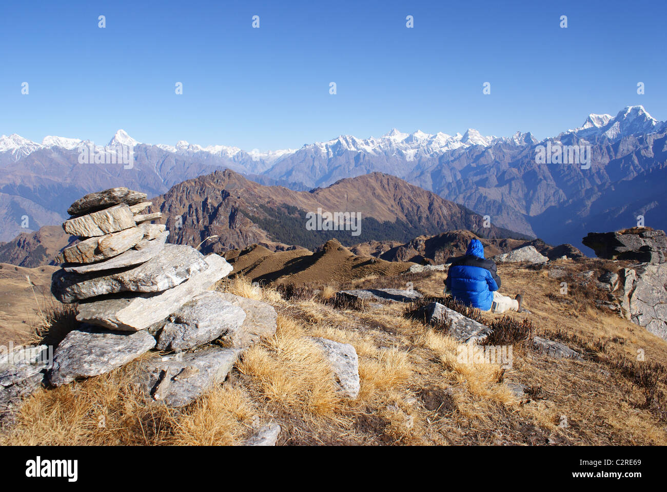 Garhwal Himalayas, India: The scene from the Kuari Pass, one of the most famous viewpoints in the Himalayas. Stock Photo