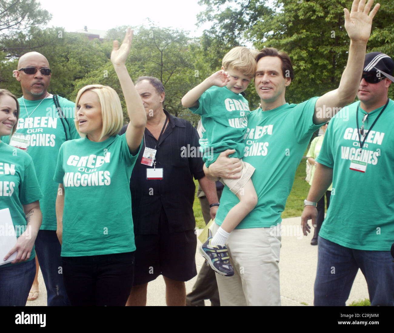 Jane Carrey, Jenny McCarthy,  Evan McCarthy and Jim Carrey lead the 'Green Our Vaccines' march, rally and press conference at Stock Photo