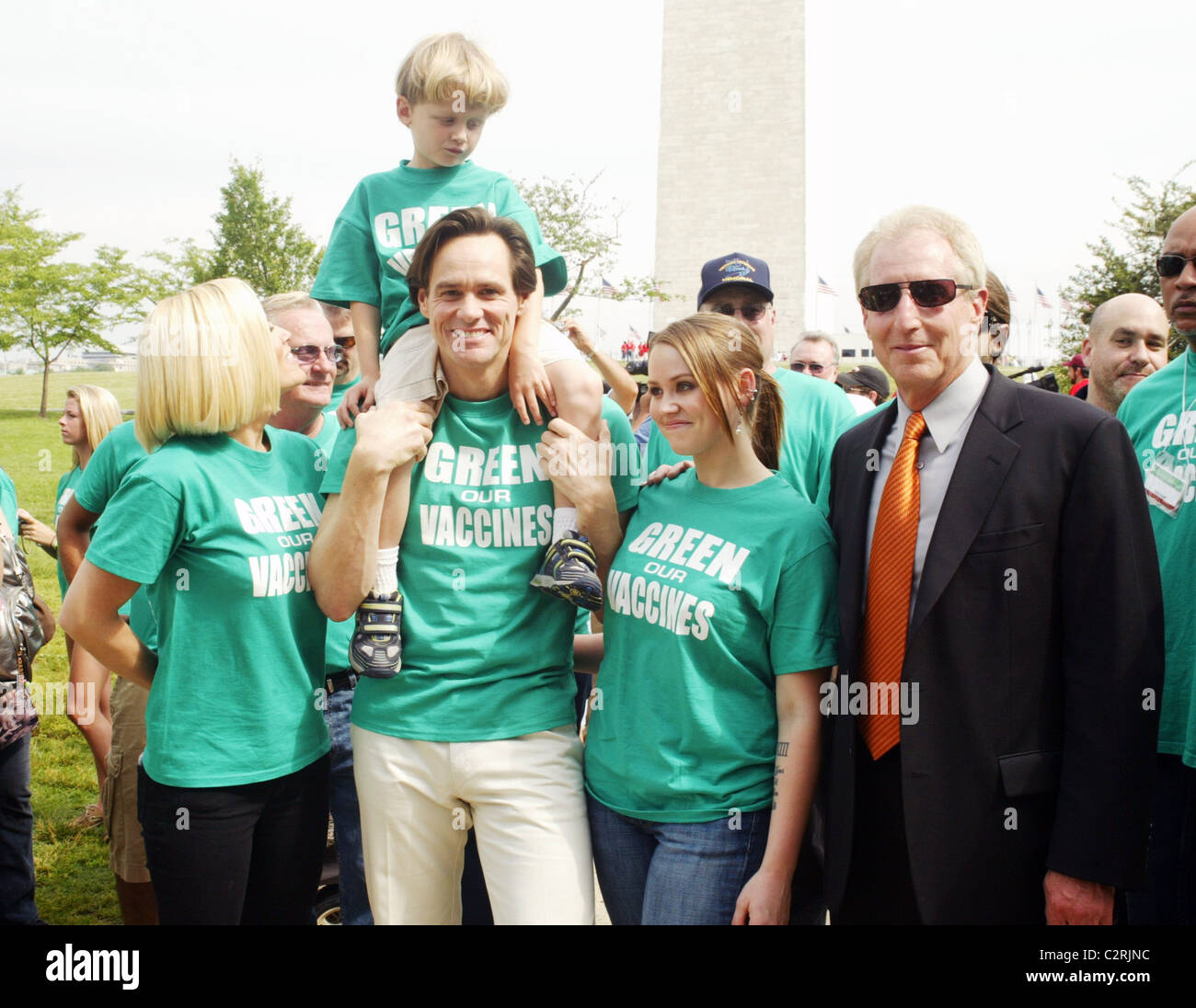 Jenny McCarthy, Evan McCarthy, Jim Carrey and Jane Carrey lead the 'Green Our Vaccines' march, rally and press conference at Stock Photo