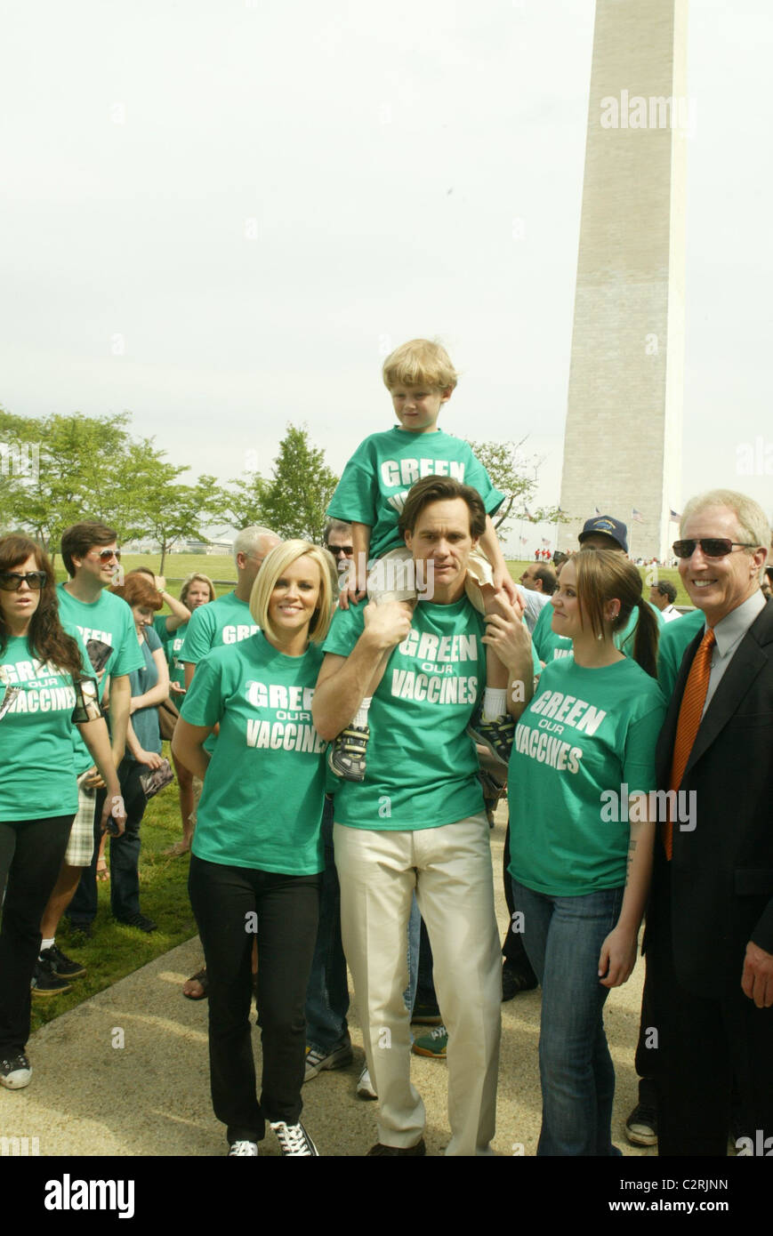 Jenny McCarthy, Evan McCarthy, Jim Carrey and Jane Carrey lead the 'Green Our Vaccines' march, rally and press conference at Stock Photo