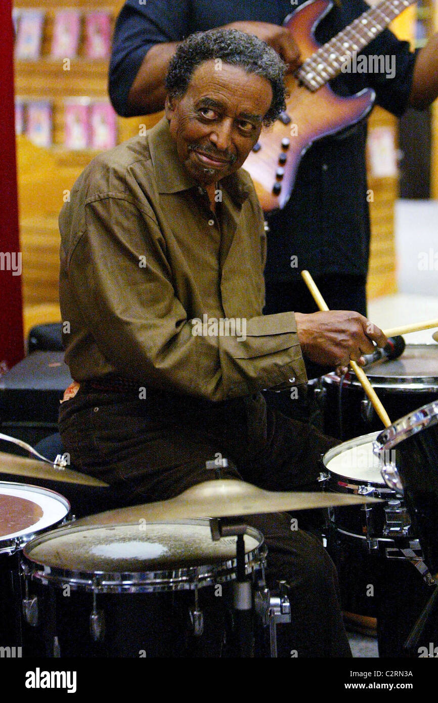 Jazz percussionist Foreststorn 'Chico' Hamilton performs and signs