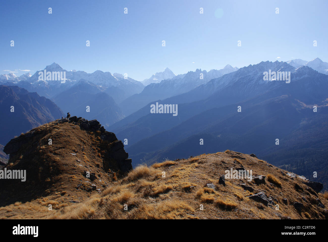 Garhwal Himalayas, India: View of the Garhwal Himalayas from Gorson Top, with Nanda Devi centre top. Stock Photo