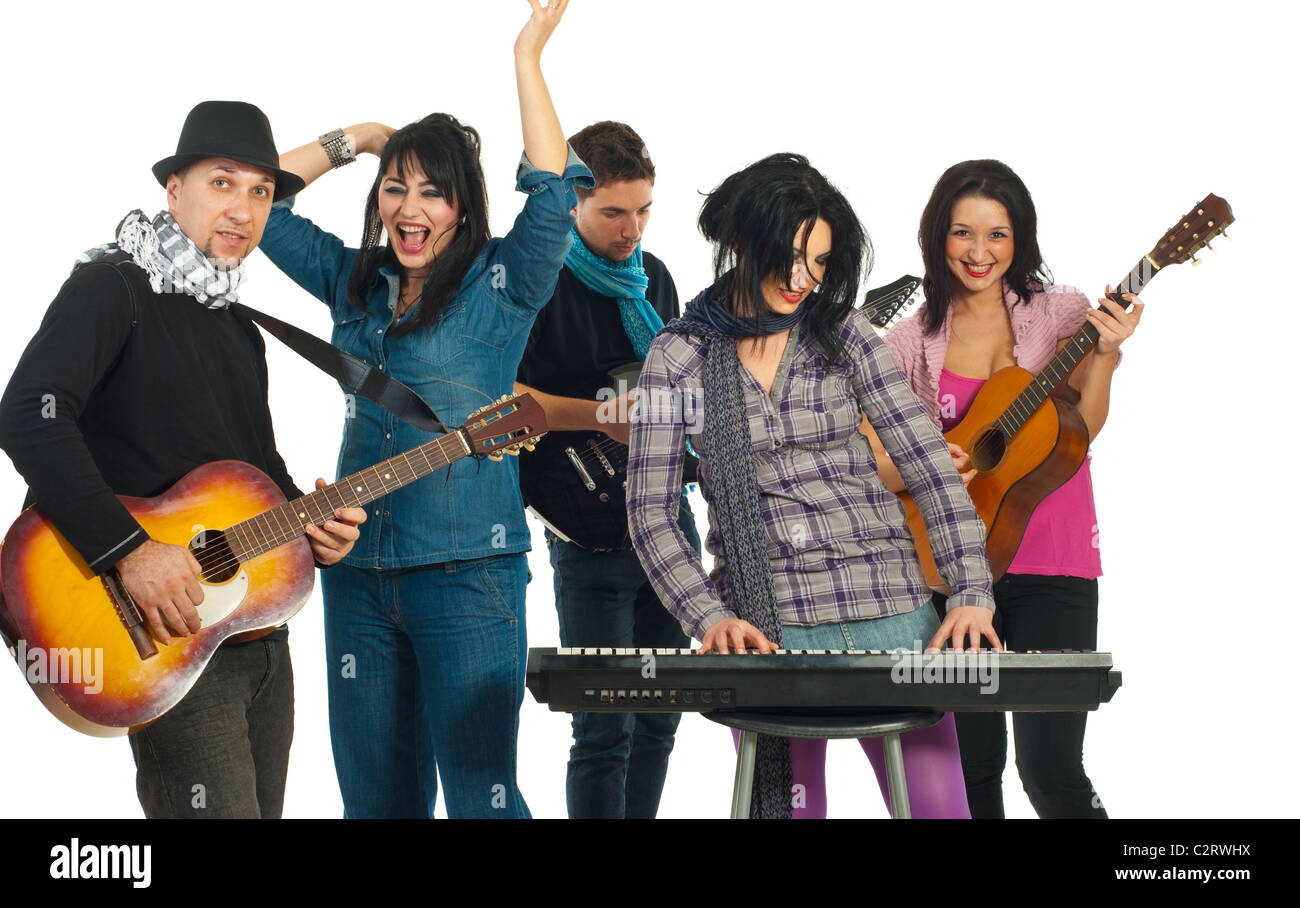 Band of five musicians singing with instruments isolated on white ...