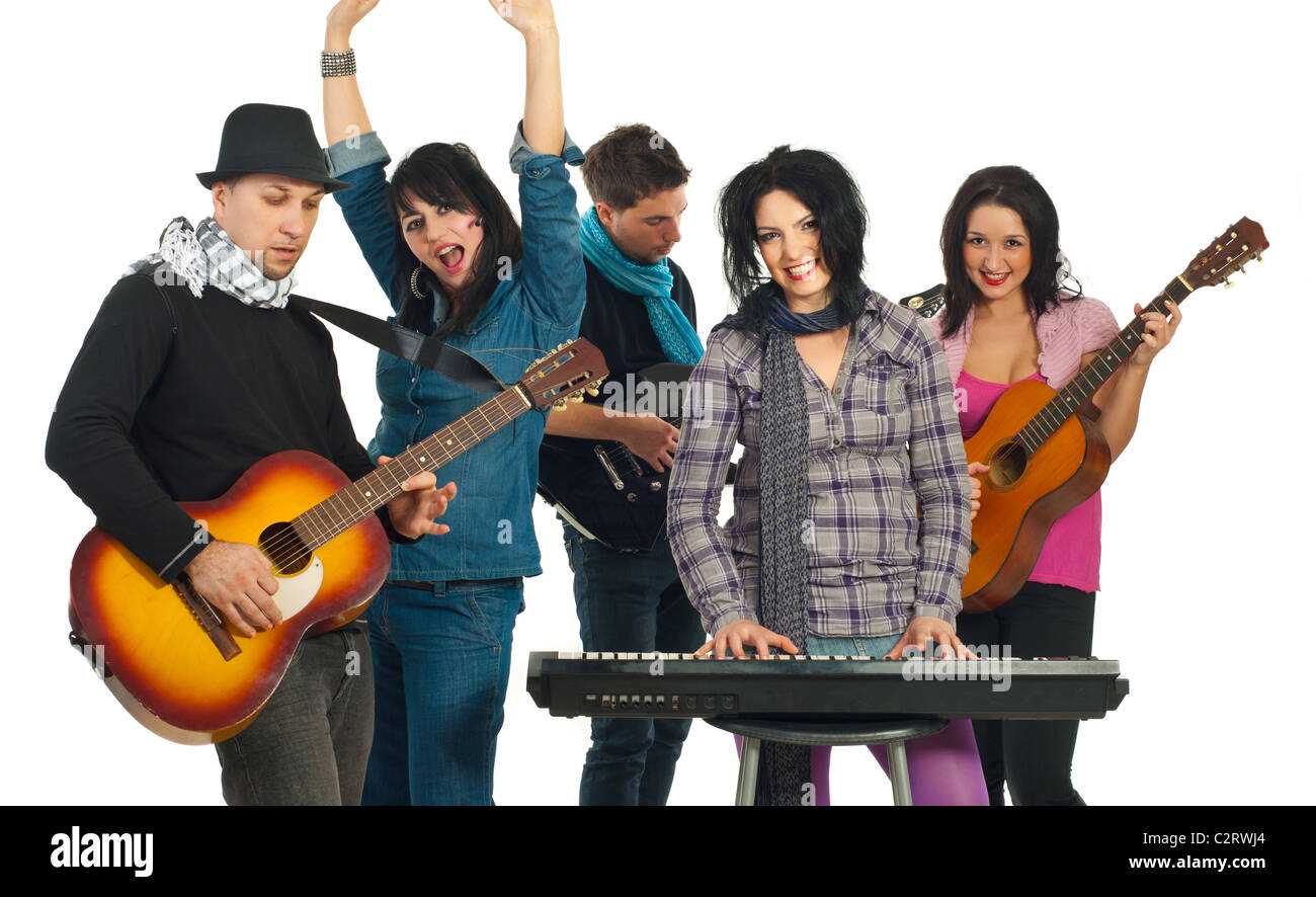 Cheerful band of five people playing musical instruments and singing