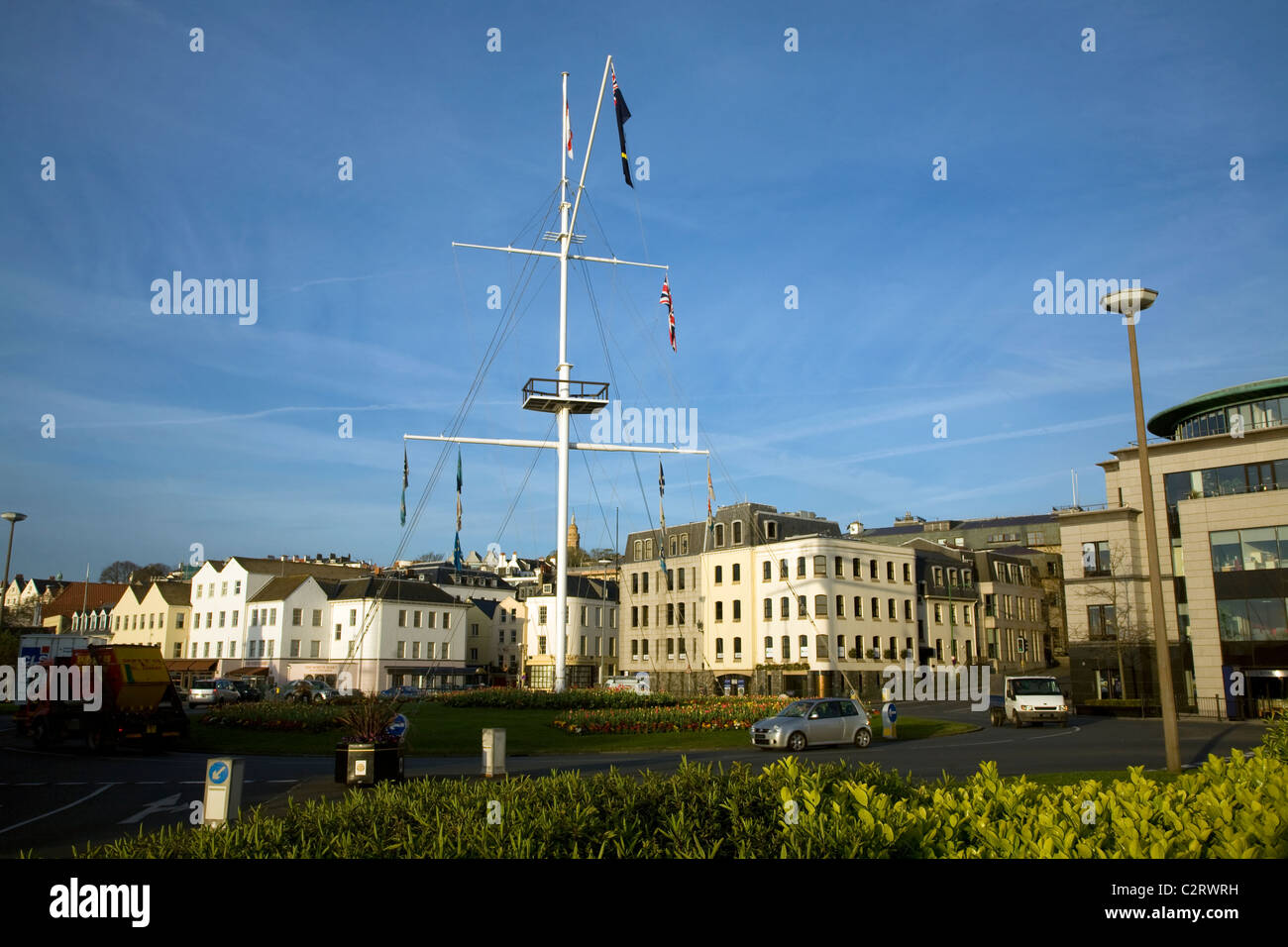 Mast traffic roundabout St Peter Port Guernsey, Channel islands Stock Photo