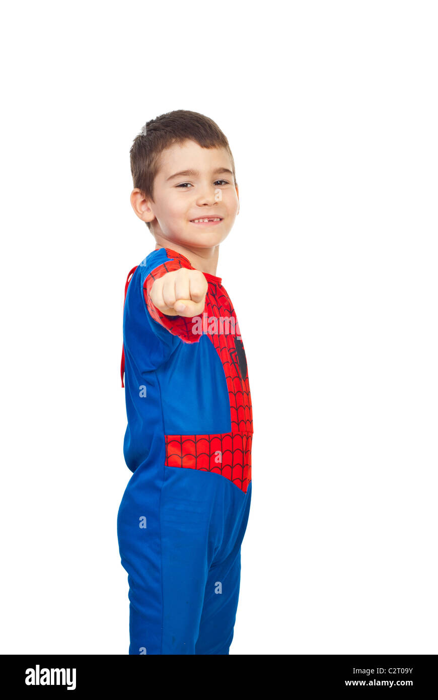 Little boy dressed in spider costume showing fist hand and smiling isolated on white background Stock Photo