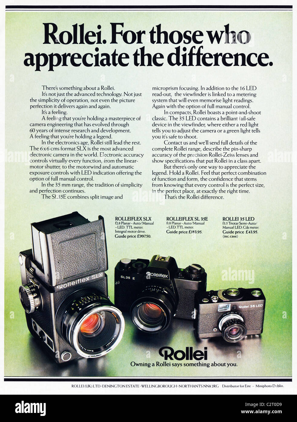 Full page colour advertisement for ROLLEI 35mm and medium format film cameras in men's magazine circa 1980s Stock Photo