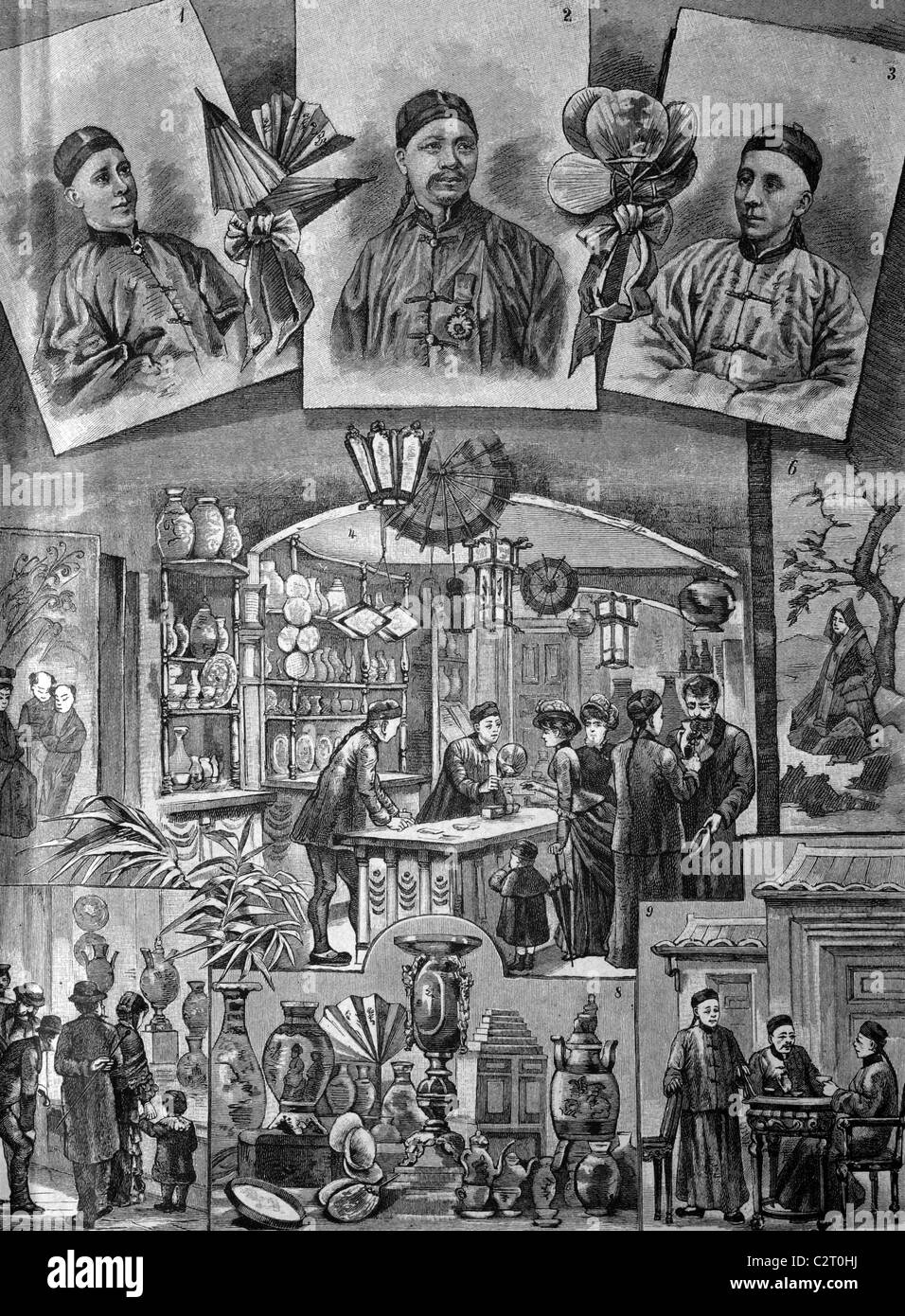 First Chinese commercial building in Berlin, Germany, historical illlustration, about 1886 Stock Photo
