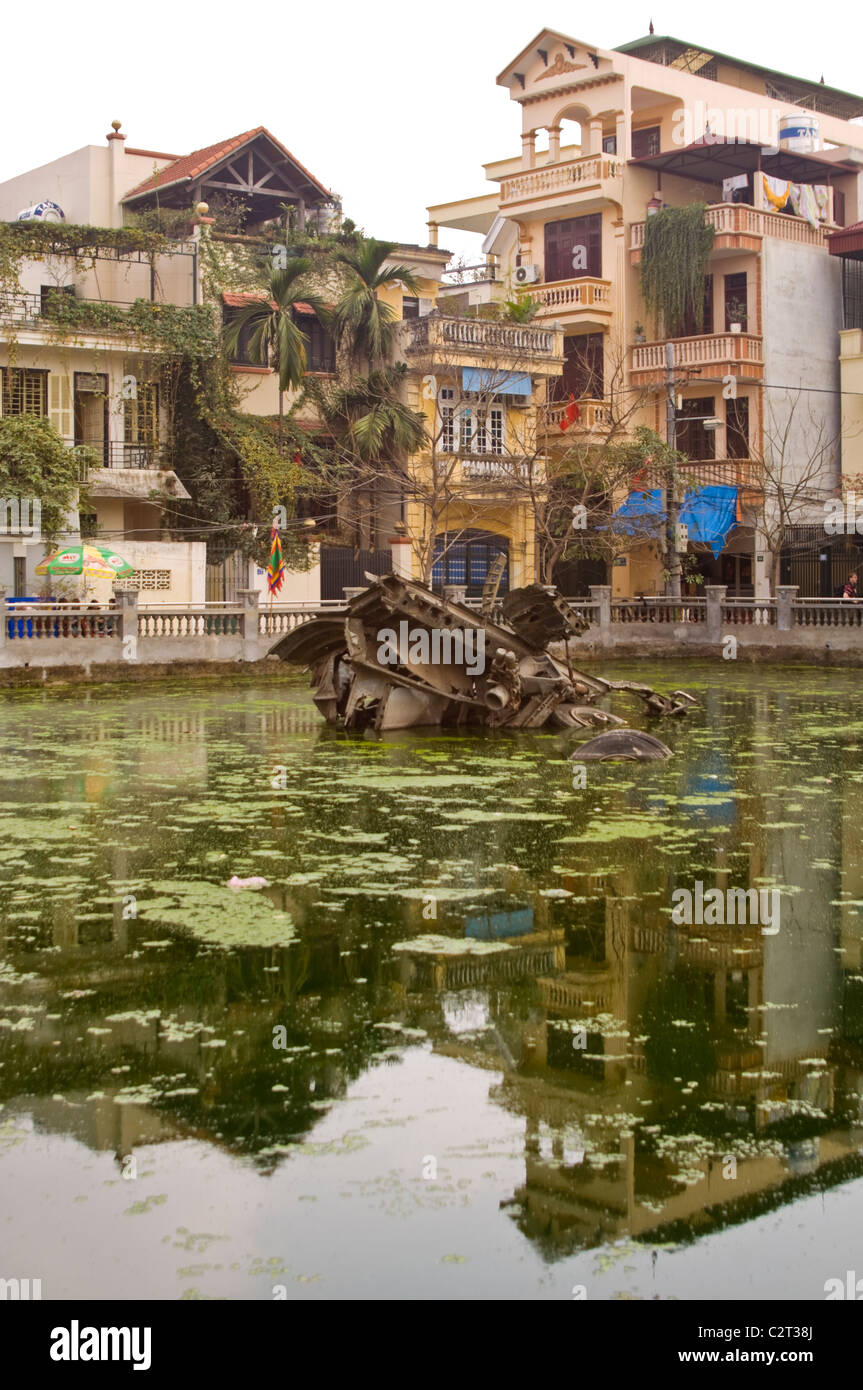 Vertical view across Huu Tiep Lake and the wreckage of an American B-52 bomber in the centre of Hanoi. Stock Photo