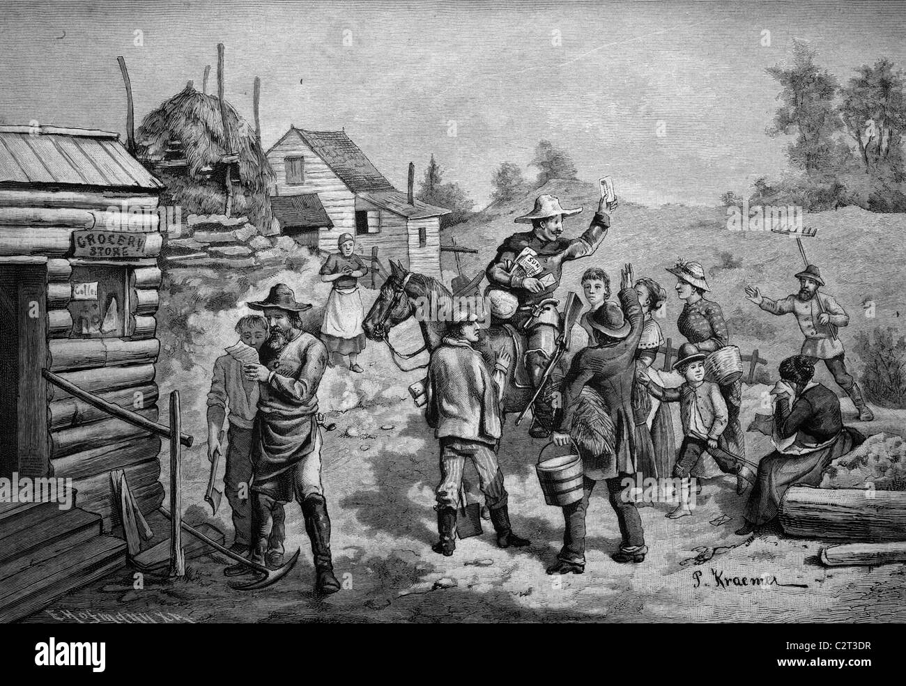The first postman arriving at a new settlement in the Wild West, America, historical illlustration, about 1886 Stock Photo