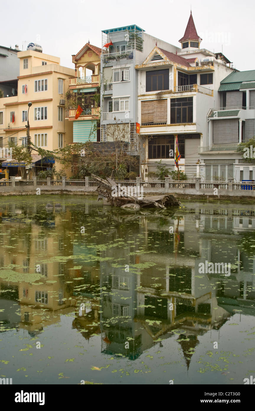 Vertical view of Huu Tiep Lake and the wreckage of an American B-52 bomber in the centre of Hanoi. Stock Photo