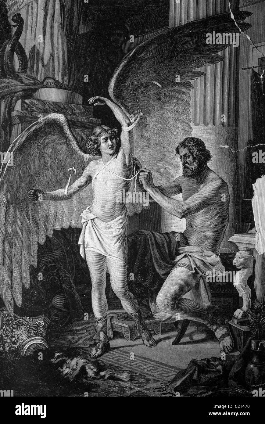 Greek mythology, Daedalus equipping his son Icarus with wings, historical illlustration, about 1886 Stock Photo