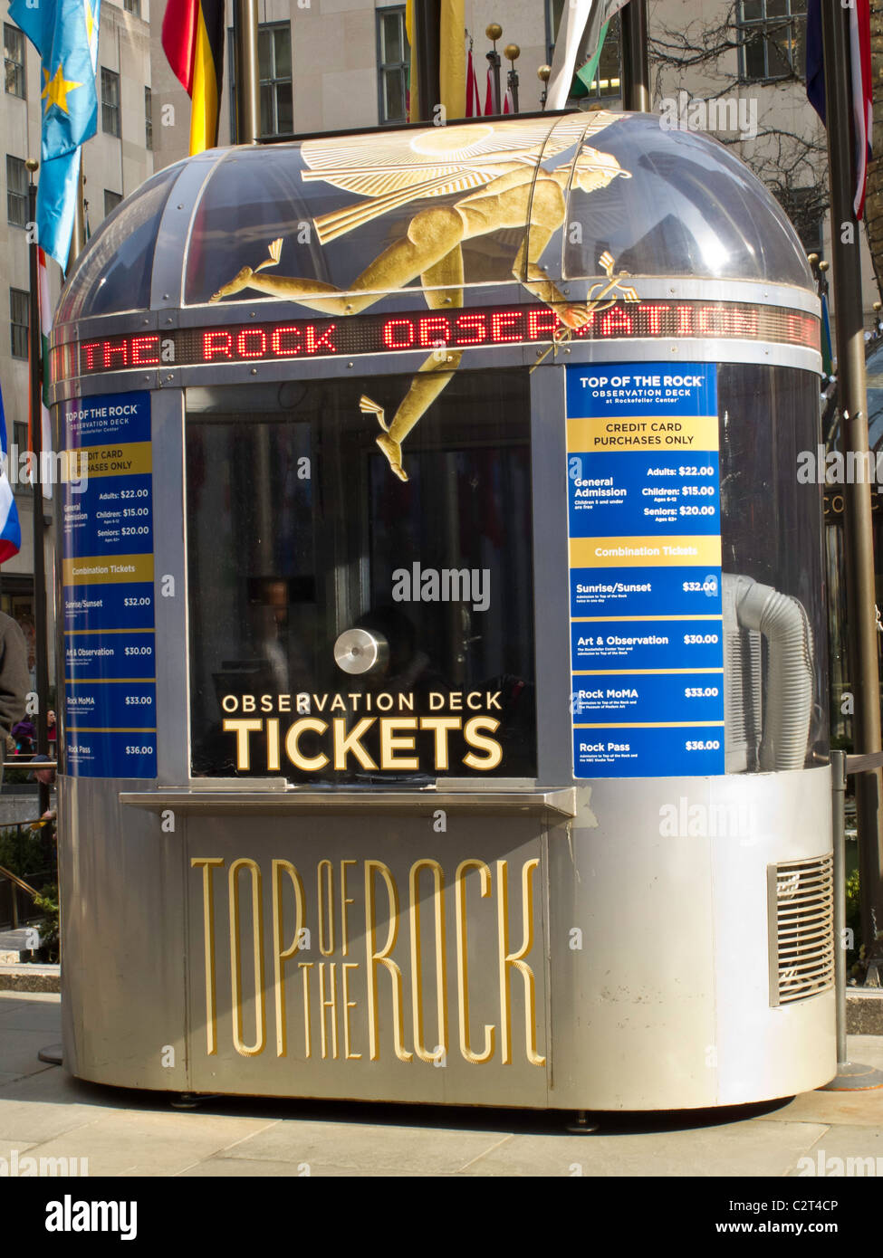 Top of the Rock Ticket Kiosk, Rockefeller Center Plaza, NYC Stock Photo