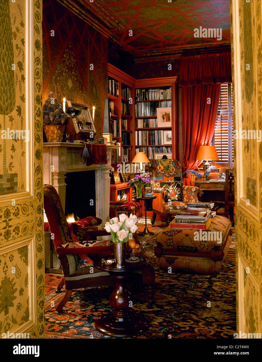 Red Sitting Decorative Painted Doors Fireplaces Stock Photo