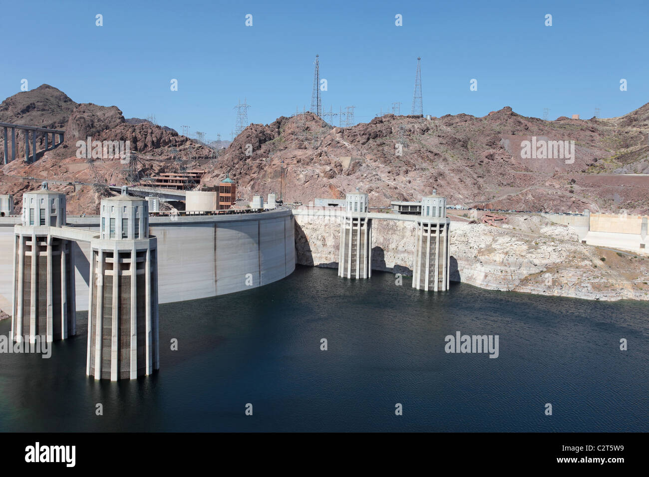 Hoover Dam on Colorado River at Lake Mead. Concrete dam and towers. Dam