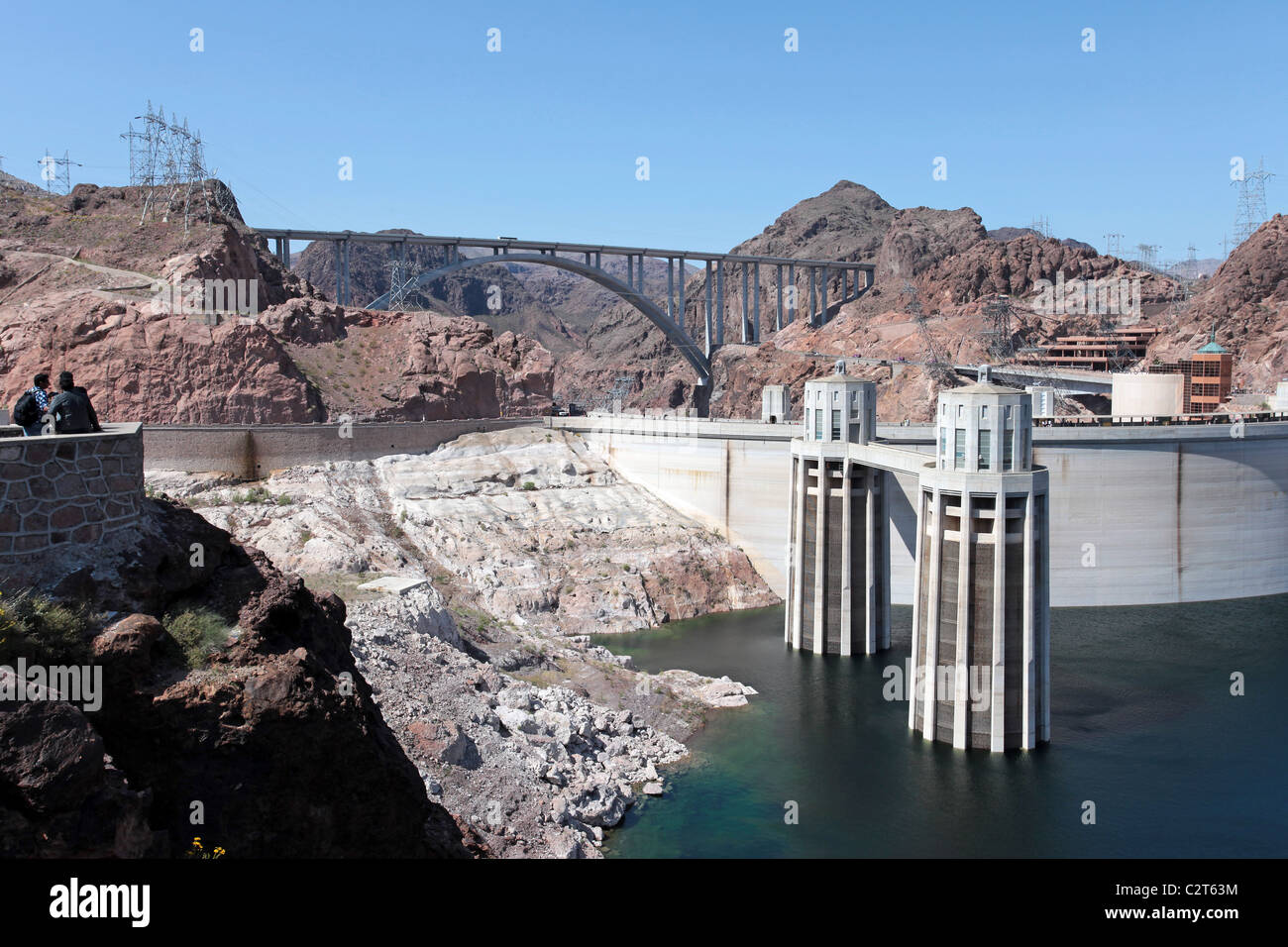 Hoover Dam on Colorado River at Lake Mead. Concrete dam and towers