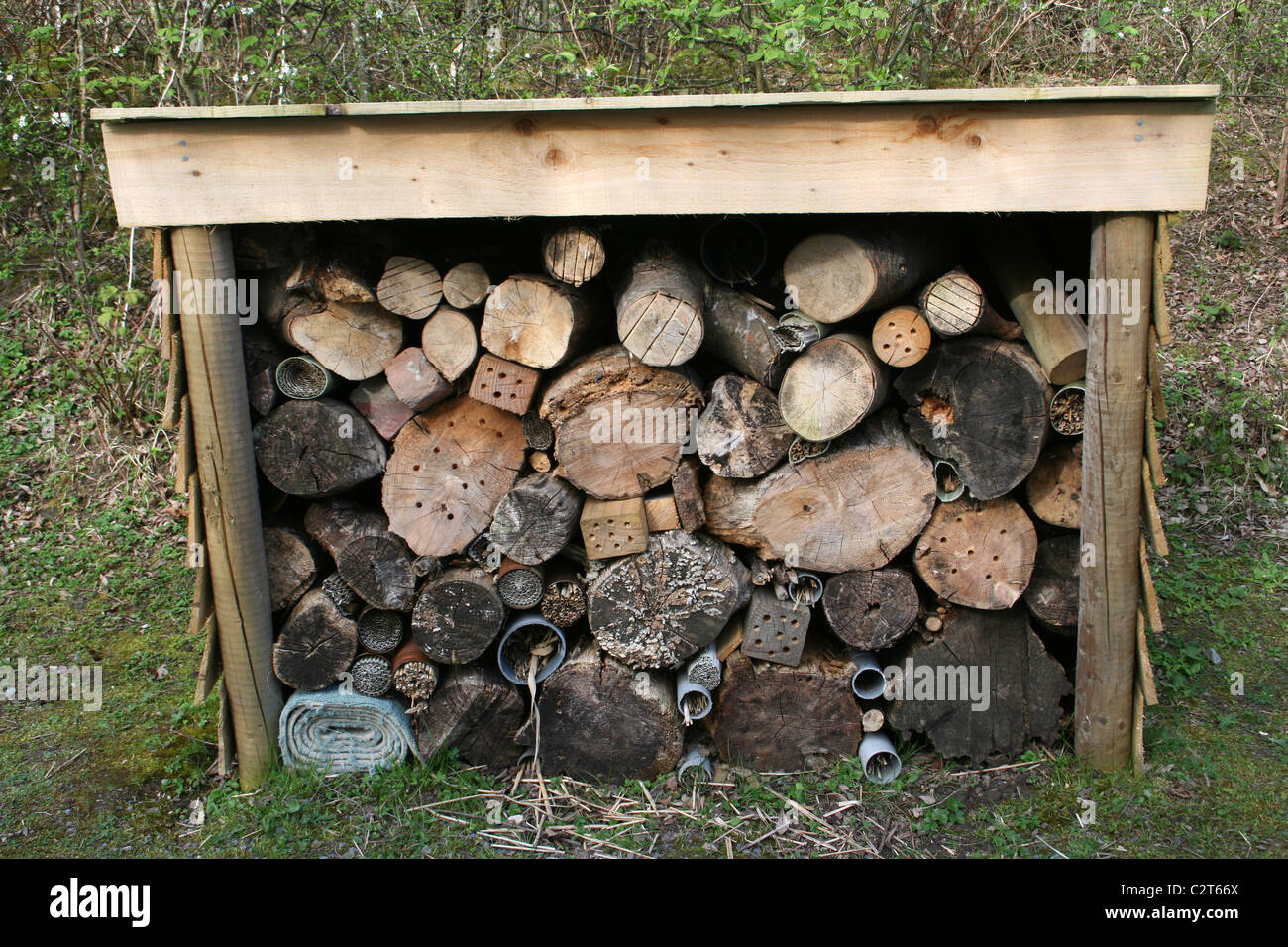 Insect Friendly Housing In A Log Pile At Conwy RSPB Reserve, Wales, UK Stock Photo