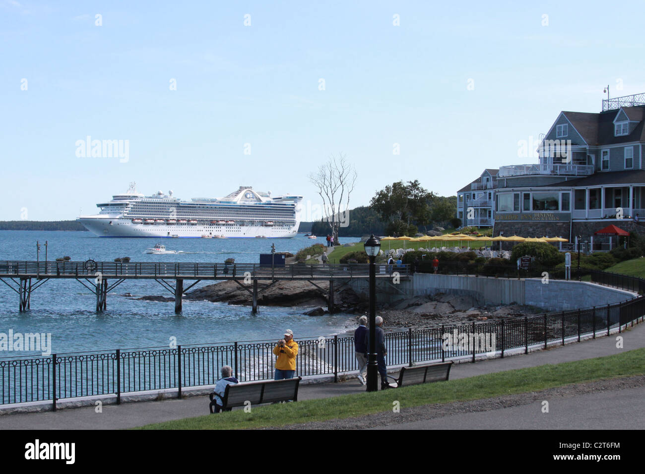 A cruise ship lies off the coast near the Bar Harbor Inn, Bar Harbor