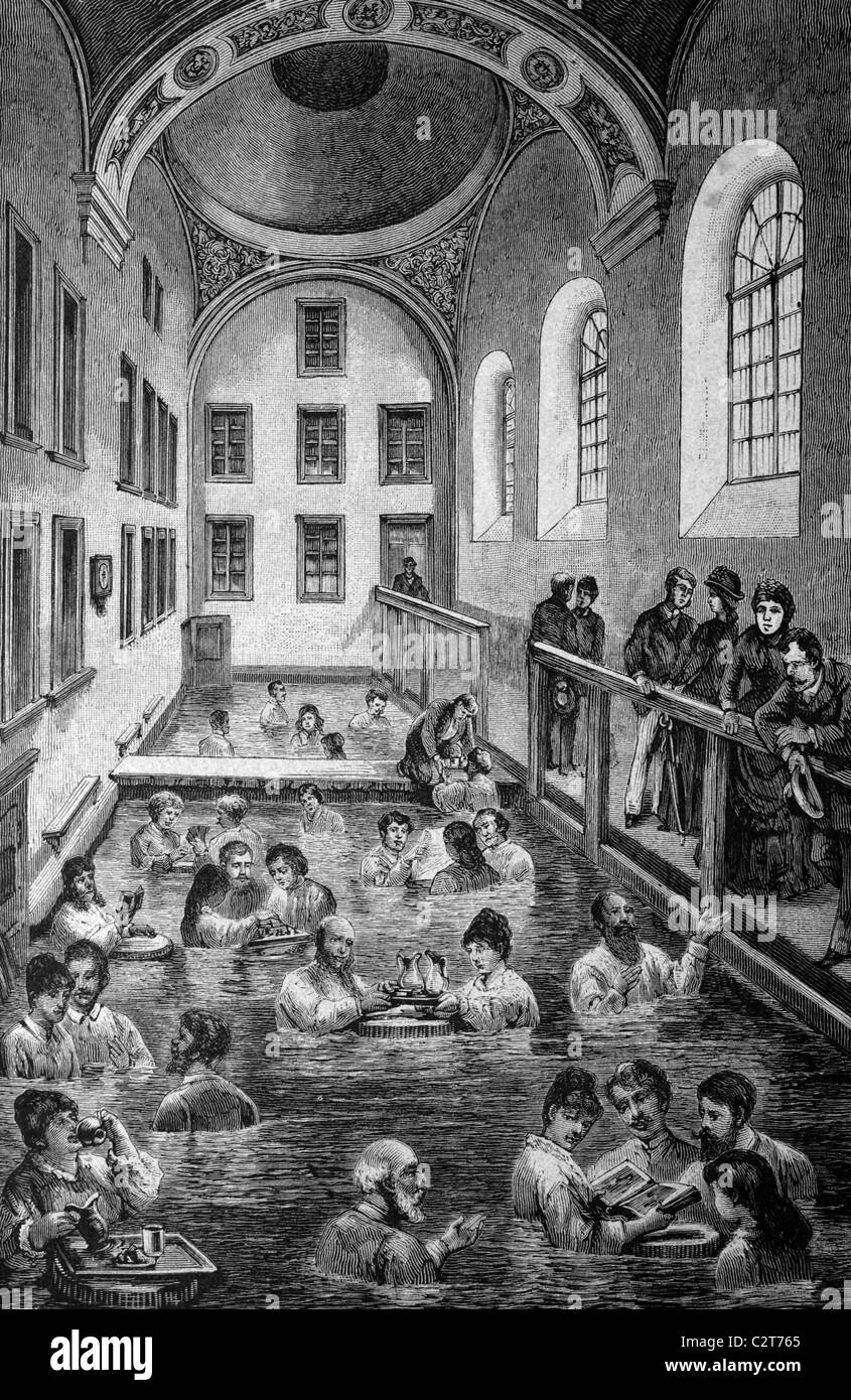 Swimming pool of the new public bath in Leuk, Valais, Switzerland, historical illlustration, about 1886 Stock Photo