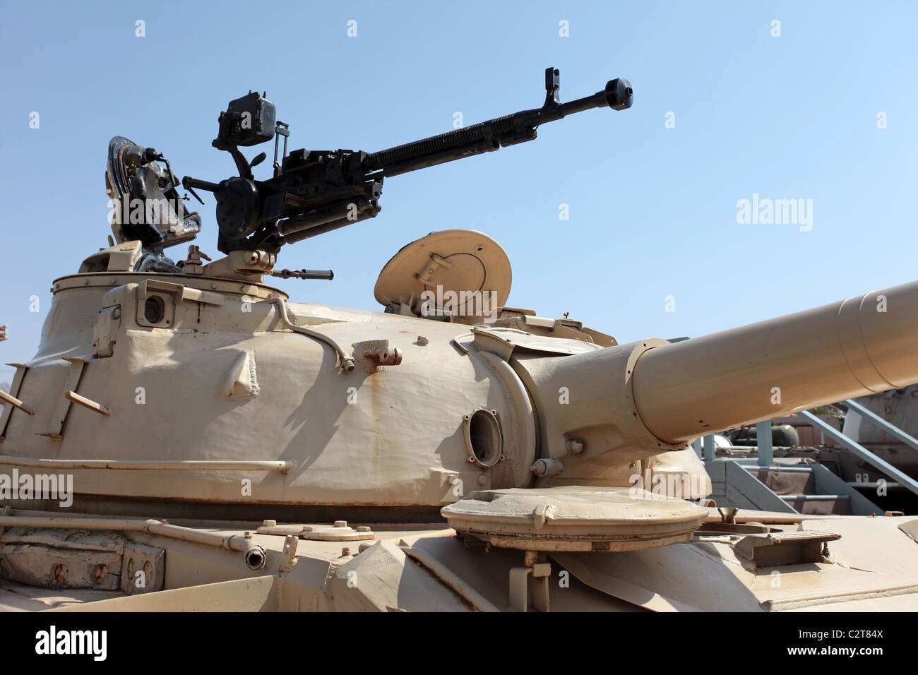 Soviet T-72 battle tank turret and machine gun. Advanced weapon deployed worldwide. Captured by US military for exploitation. Stock Photo