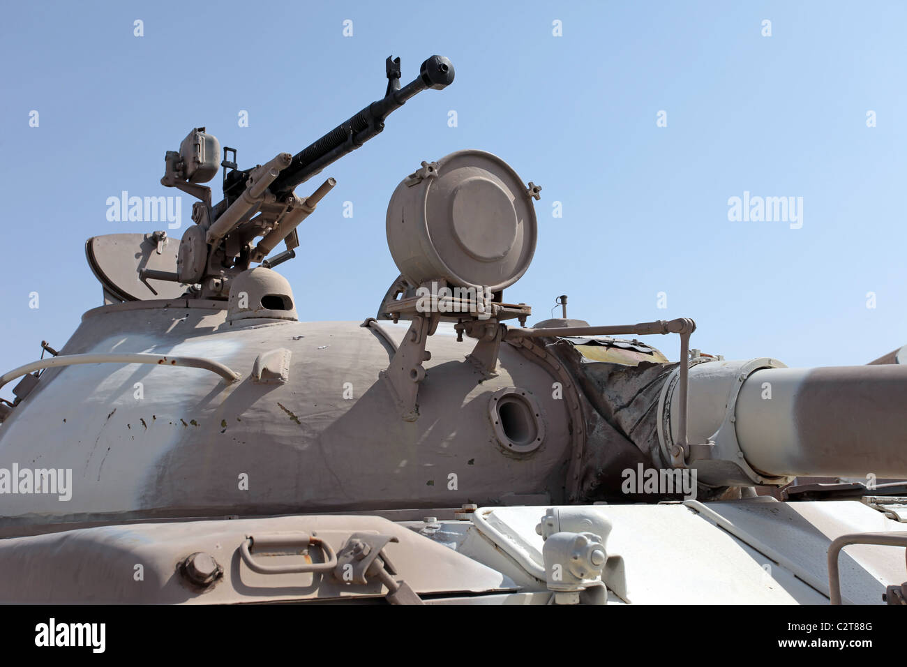 Soviet T-62 battle tank turret and machine gun. Advanced weapon deployed worldwide. Captured by US military for exploitation. Stock Photo
