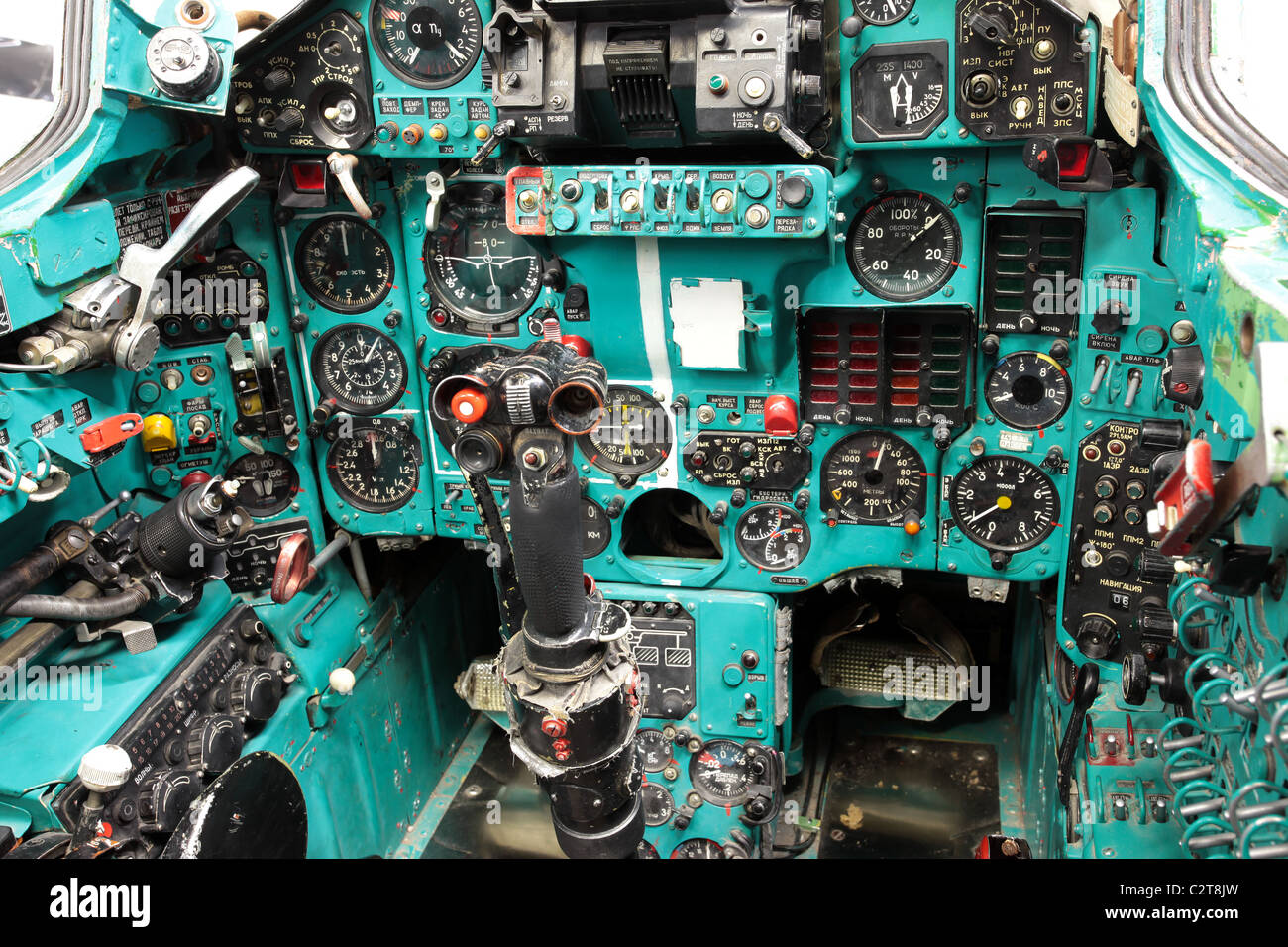 Aircraft cockpit, Mig-23 Flogger Soviet fighter jet. Captured by US Military for exploitation and training. Stock Photo