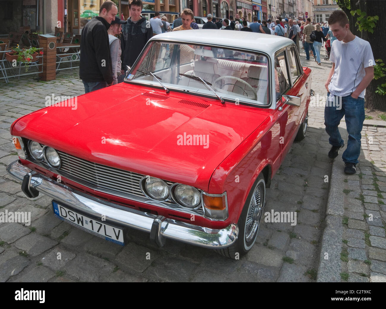 Restored vintage Polski Fiat 125p, painted in white and red, Polish national colors, in Świdnica, Lower Silesia, Poland Stock Photo
