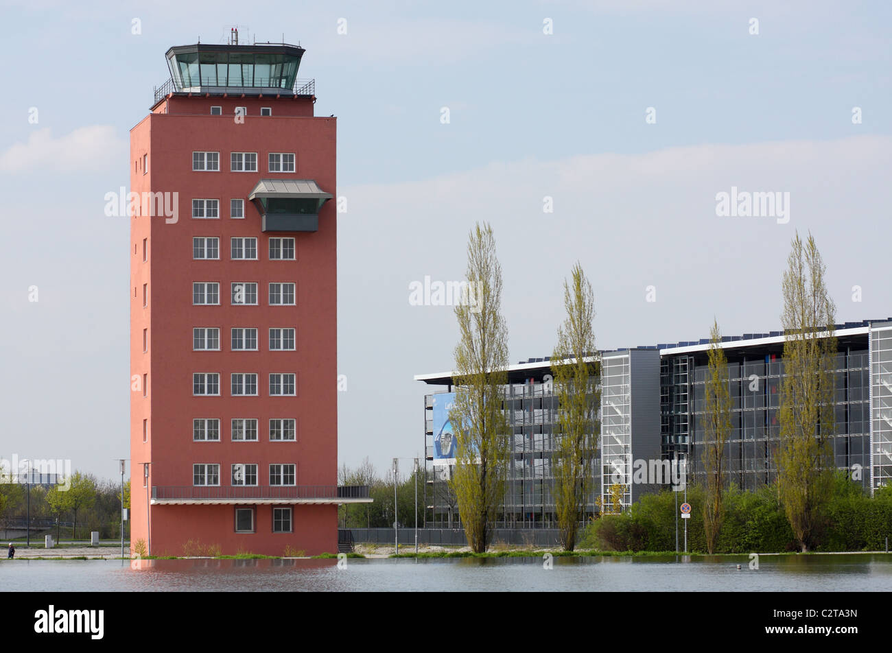 Landmarked tower of the old airport Munich Riem, Germany, Europe. Today it is used as an office building. Stock Photo