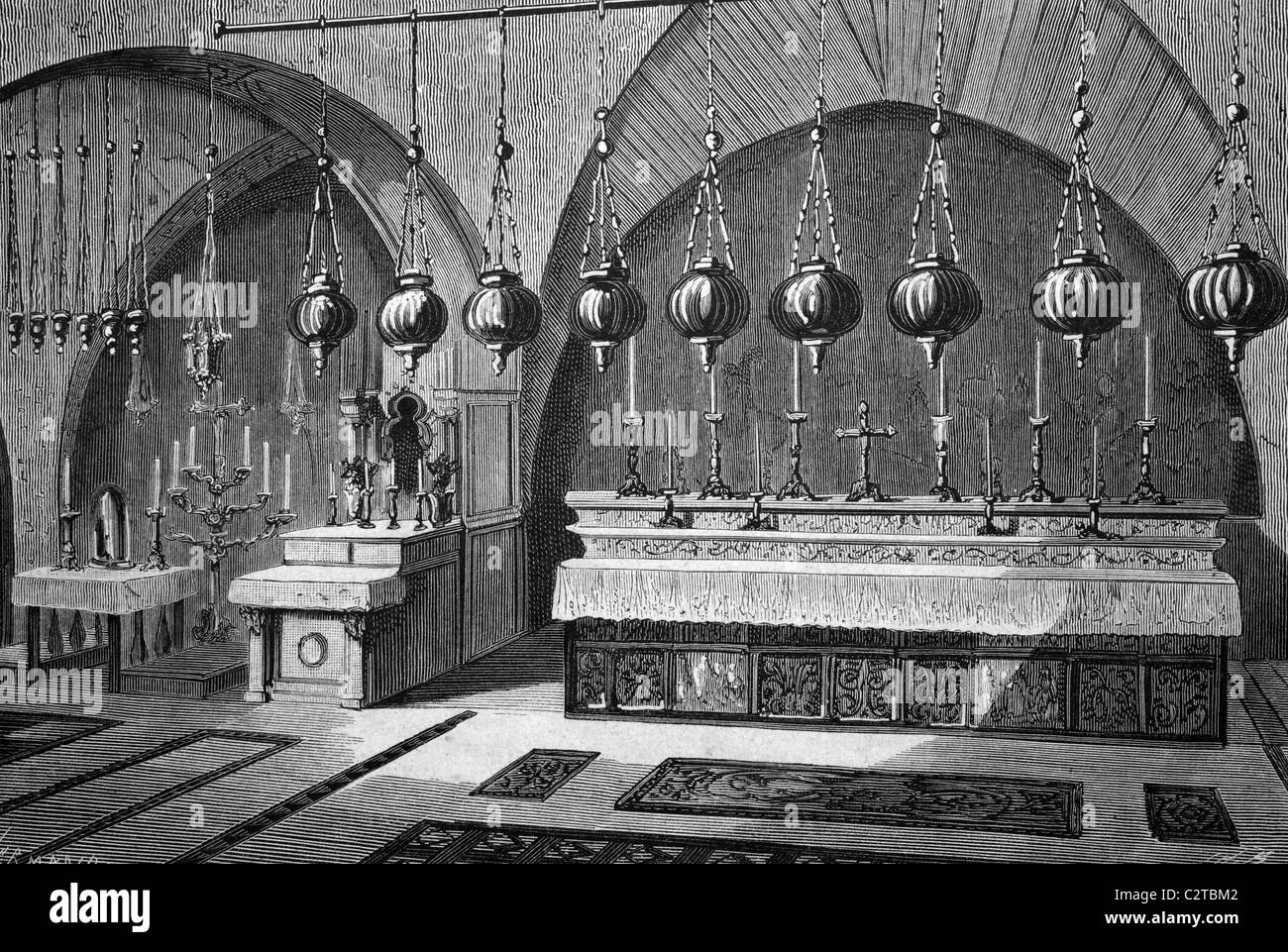 Calvary in the Church of the Holy Sepulchre in Jerusalem, historical illustration, circa 1886 Stock Photo