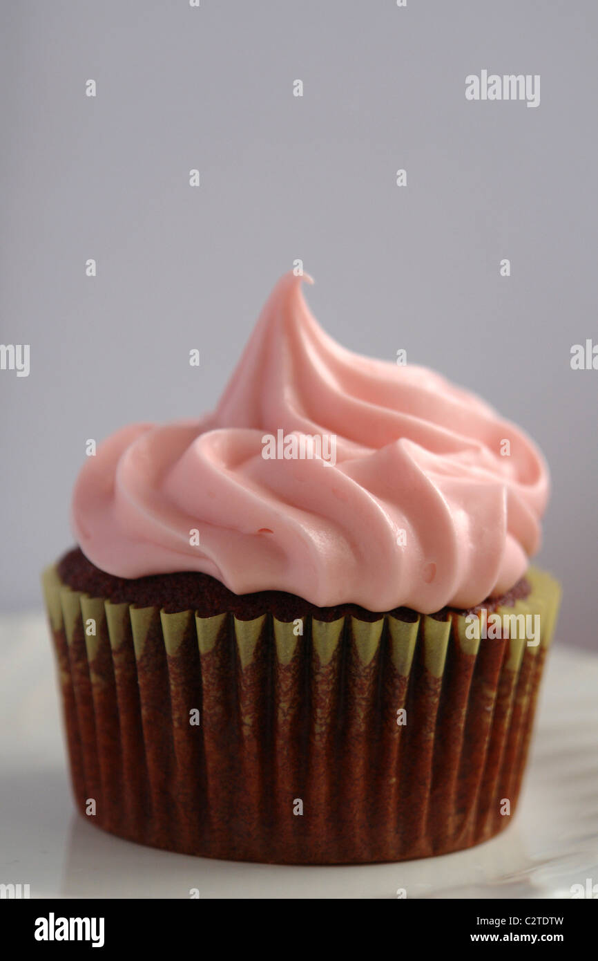 Still Life of Red Velvet Cupcake with Pink Cream Cheese Frosting Copy Space Stock Photo