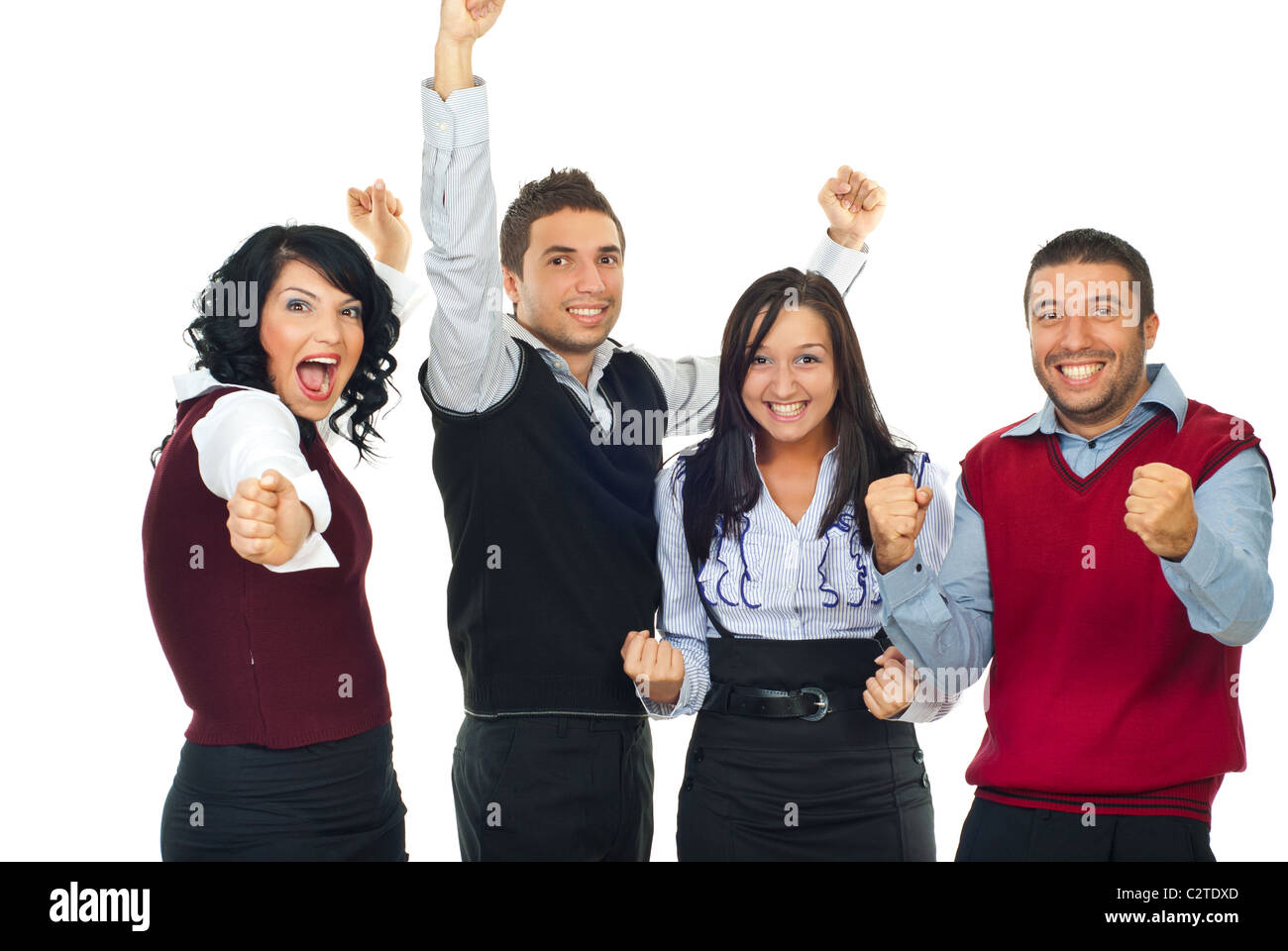 Four excited winners people shouting and raising hands isolated on white background Stock Photo