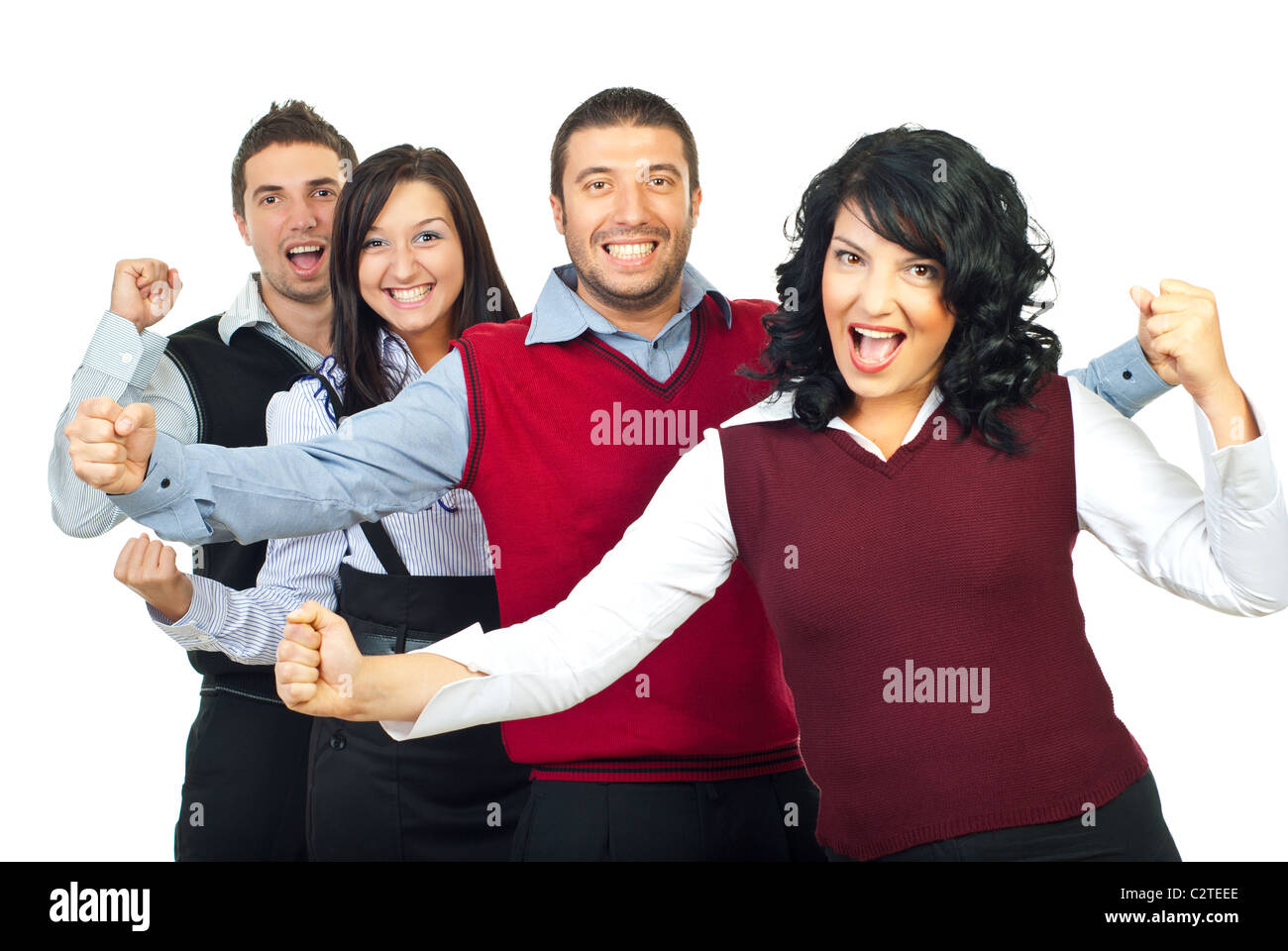 Excited business people group won something and standing with arms up and shouting their happiness isolated on white background Stock Photo