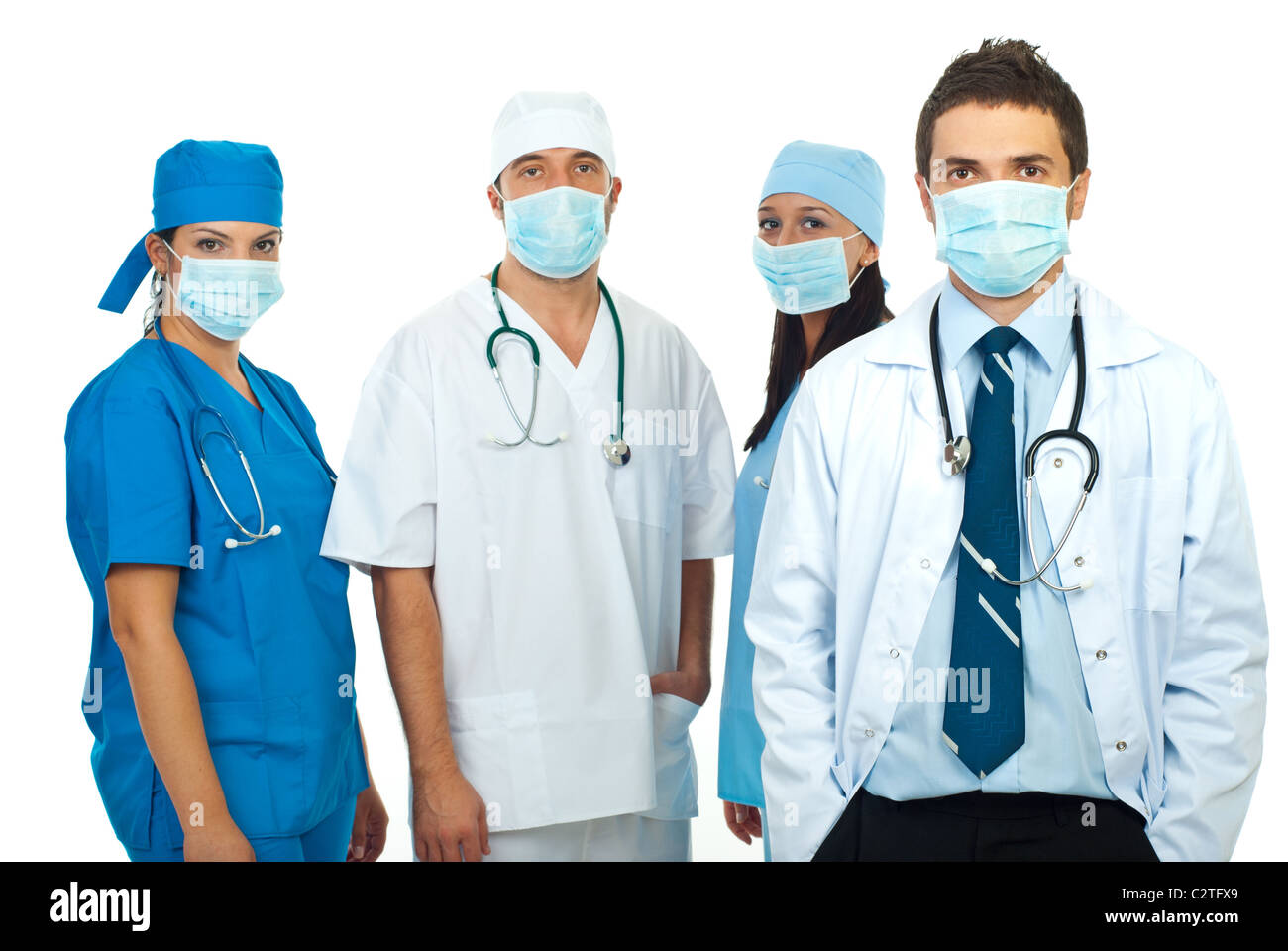 Group of doctors with protective masks isolated on white background Stock Photo