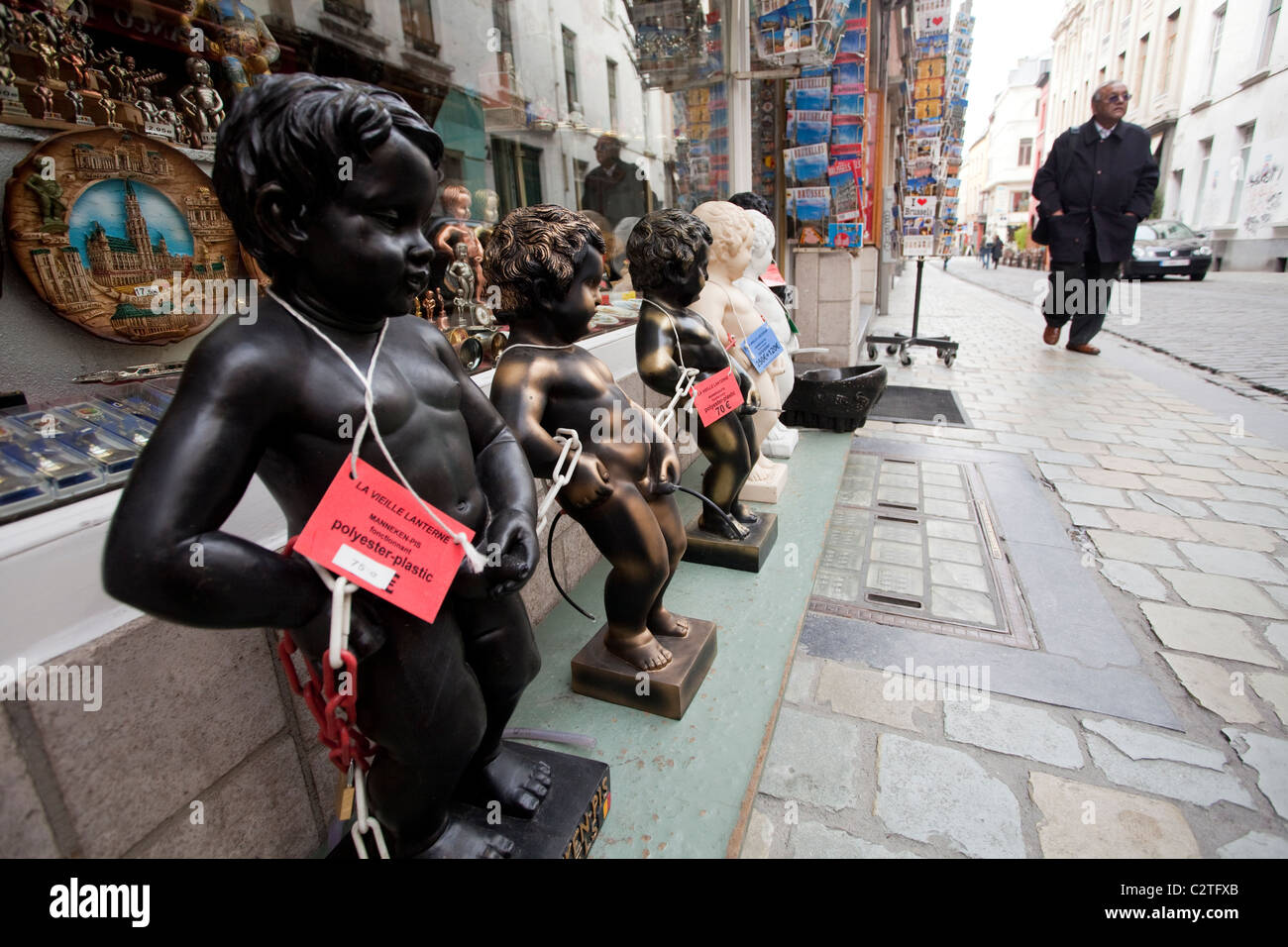 Manneken Pis statues in a shop in Brussels Stock Photo