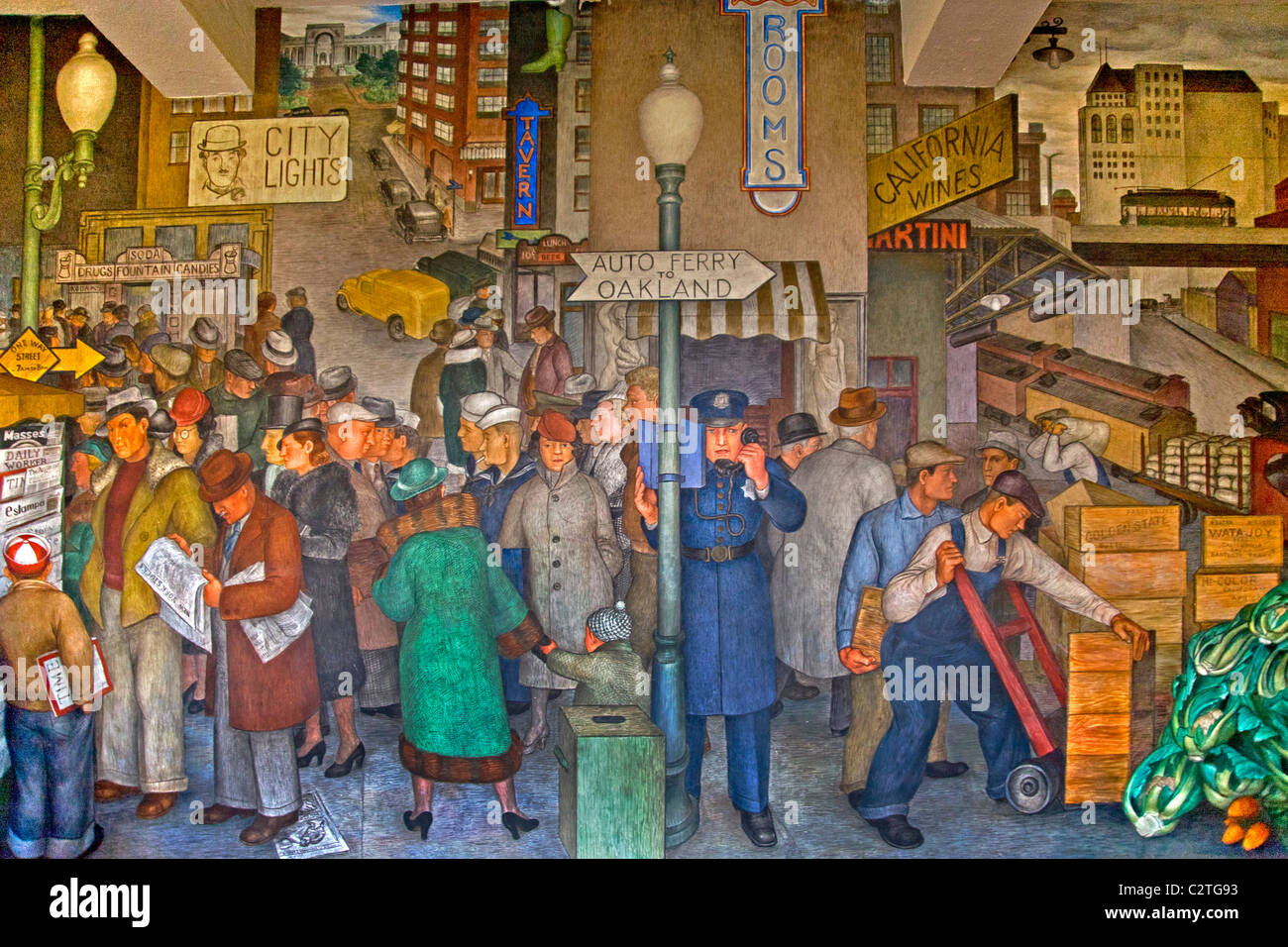 Created in 1934 by artist Victor Arnautoff, a fresco in the Social Realism artistic style entitled 'City Life' at Coit Tower. Stock Photo