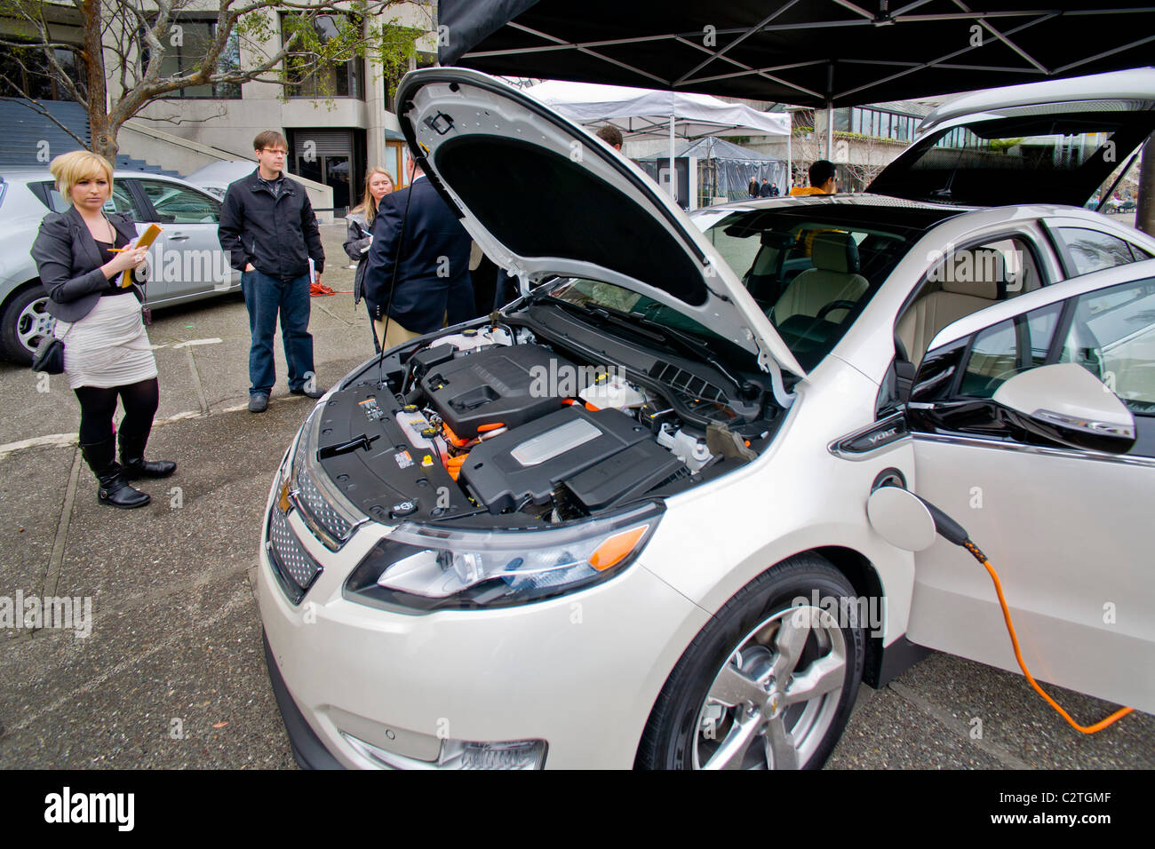 A Chevrolet Volt hybrid gas/electric car is on exhibit in Embarcadero Center in downtown San Francisco. Stock Photo