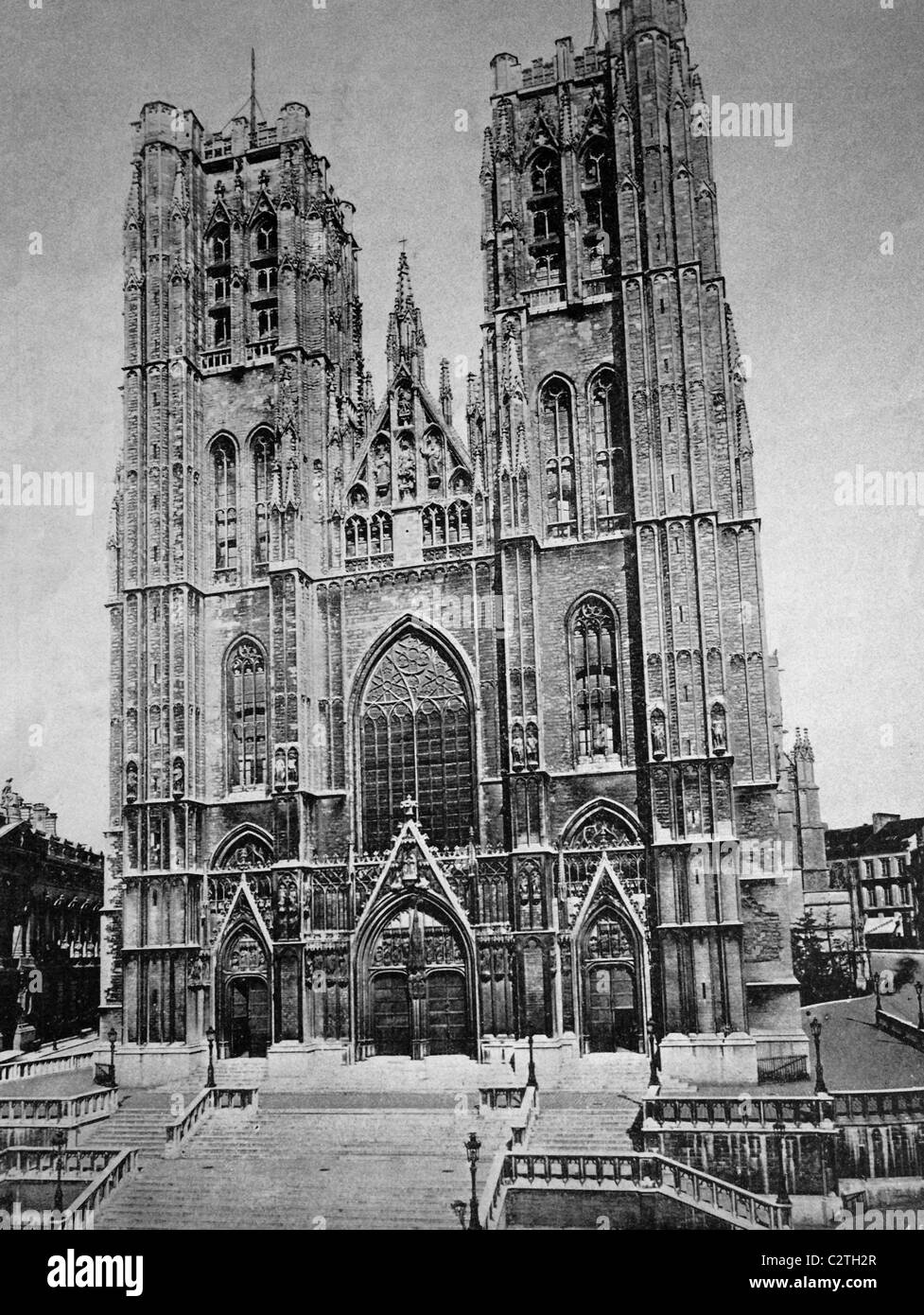 Early autotype, St. Michael and St. Gudula Cathedral, Brussels, historical picture, 1884 Stock Photo