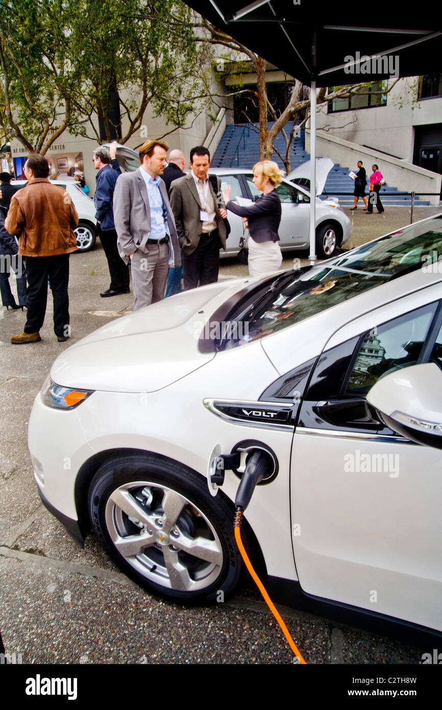 A Chevrolet Volt hybrid gas/electric car is on exhibit in Embarcadero Center in downtown San Francisco, California. Stock Photo