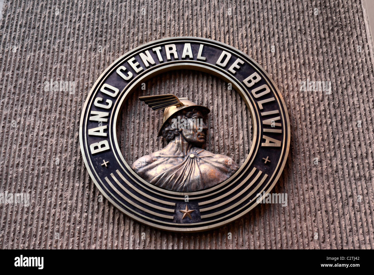 Logo of the Banco Central de Bolivia / Bolivian Central Bank on the wall of the bank headquarters building, La Paz, Bolivia Stock Photo