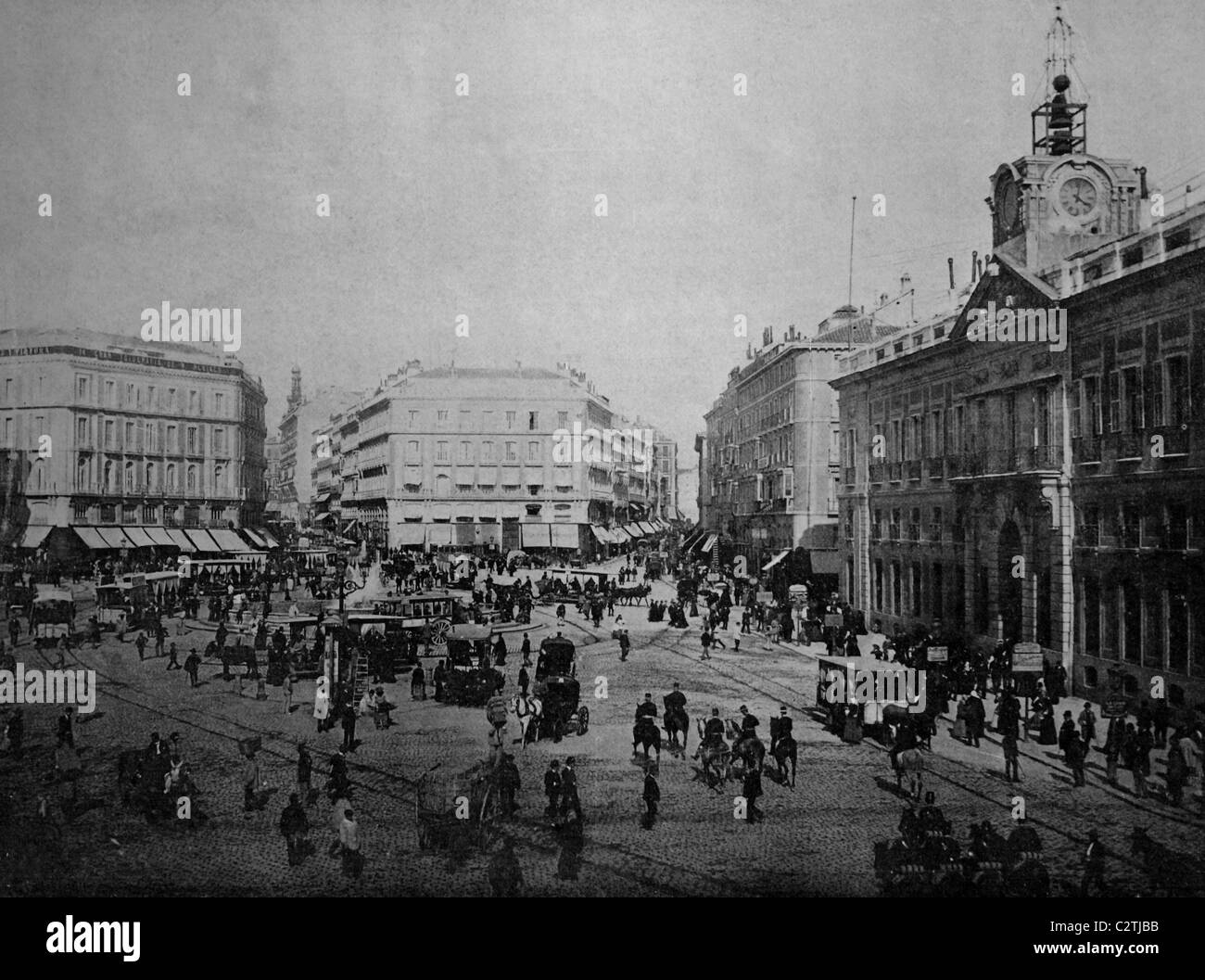 Early autotype of the Puerta del Sol square, Madrid, Spain, historical picture, 1884 Stock Photo