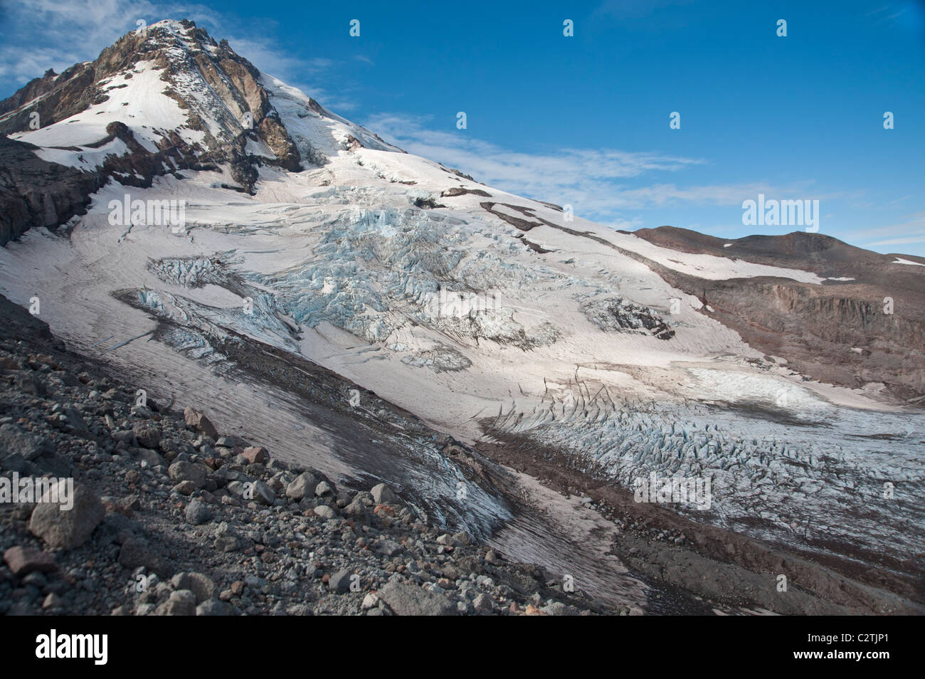 Shrinking glacier on Mt. Hood in Oregon Stock Photo