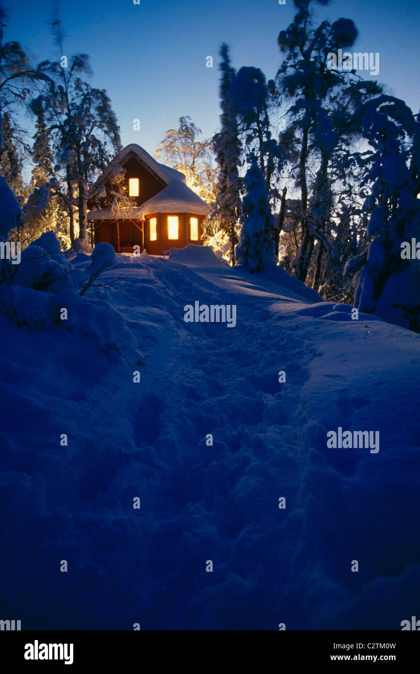 Cabin Lit At Dusk With Snow Covered Trees Alaska Winter Spruce