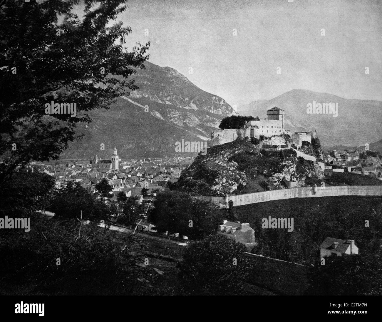 Early autotype of the Chateau in Lourdes, Hautes-Pyrénées, France ...