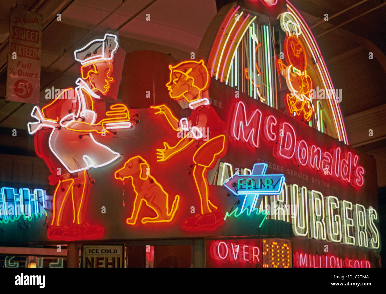 Neon sign advertising display at the Henry Ford Museum. McDonald's ...