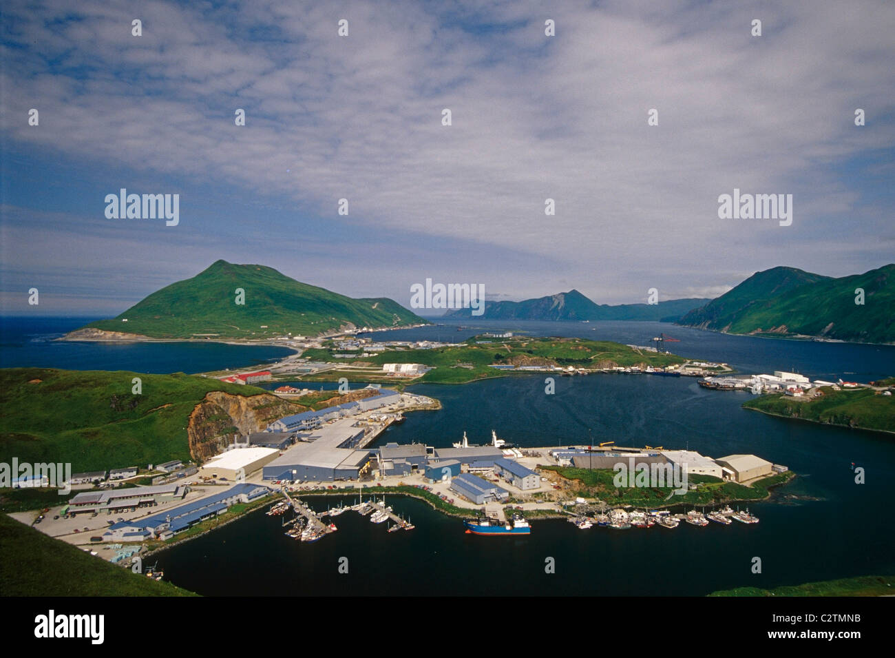 Aerial view of Unalaska and Dutch Harbor Southwest Alaska Stock Photo