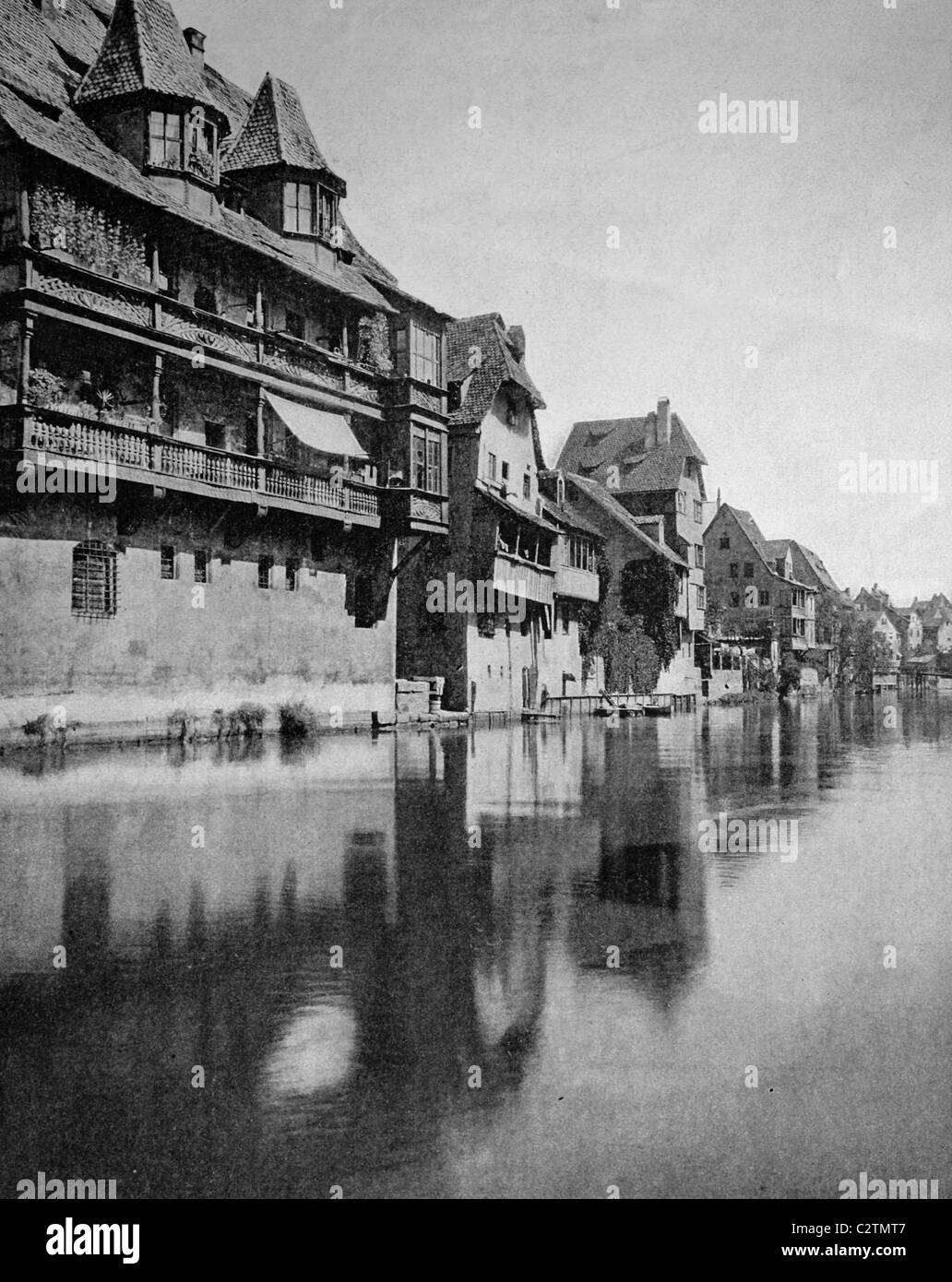 Early autotype of Nuremberg, houses on the Pegnitz river, Nuremberg, Bavaria, Germany, historical photo, 1884 Stock Photo