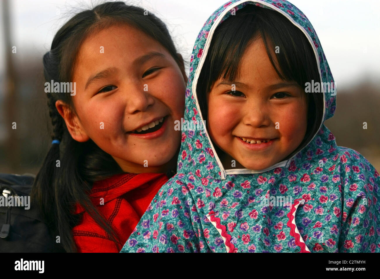 Portrait of Yupik Native Alaskan girls near Kwethluk Alaska Stock Photo