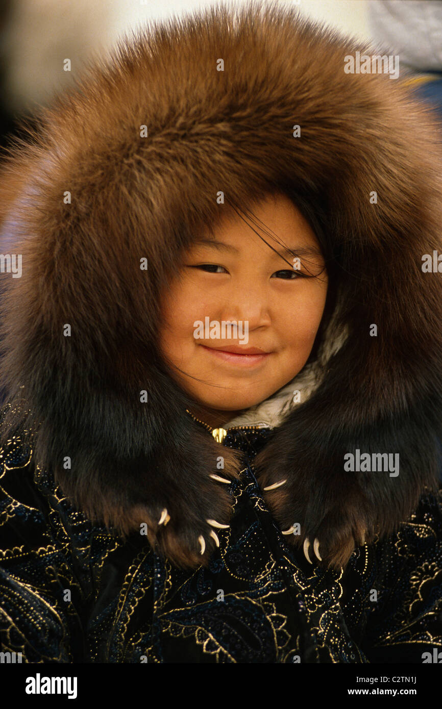 Inupiat Eskimo girl in parka wolverine ruff portrait Stock Photo